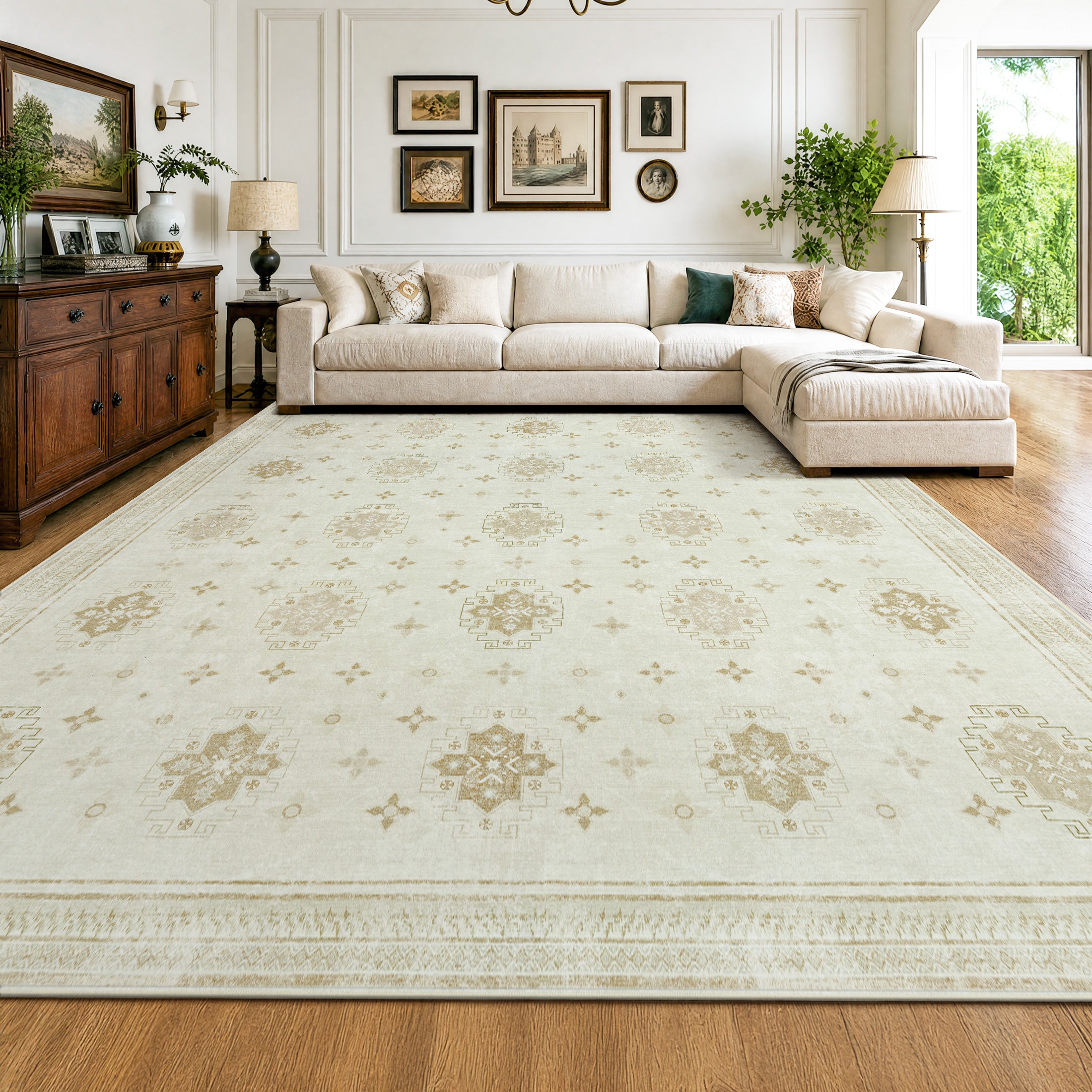 TURCURNO Large Area Rugs 10x14 Living Room, Modern Vintage Boho Non-Skid Soft Floral Rug Washable Indoor Carpets for Bedroom Dining Room,Retro Home Decor, Beige