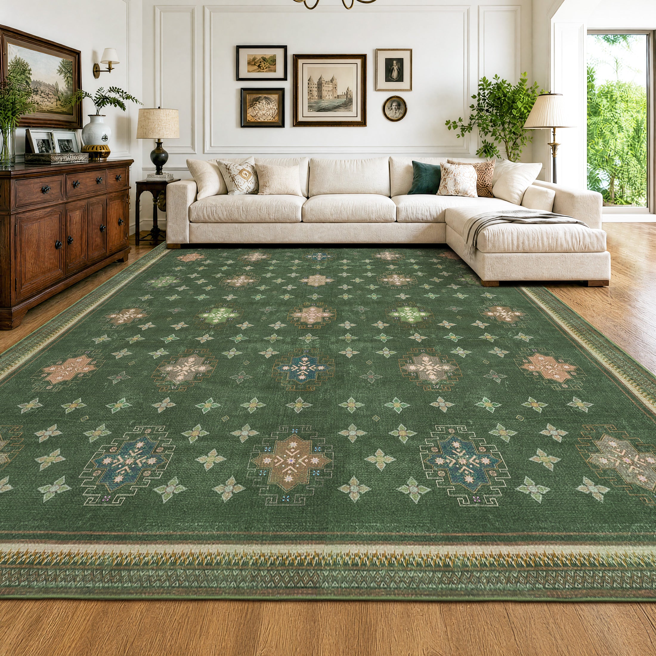 TURCURNO Farmhouse Extra Large 10x14 Area Rugs for Living Room, Retro Distressed Dining Room Rugs, Non-Slip Washable Soft Low Pile Carpet,Green