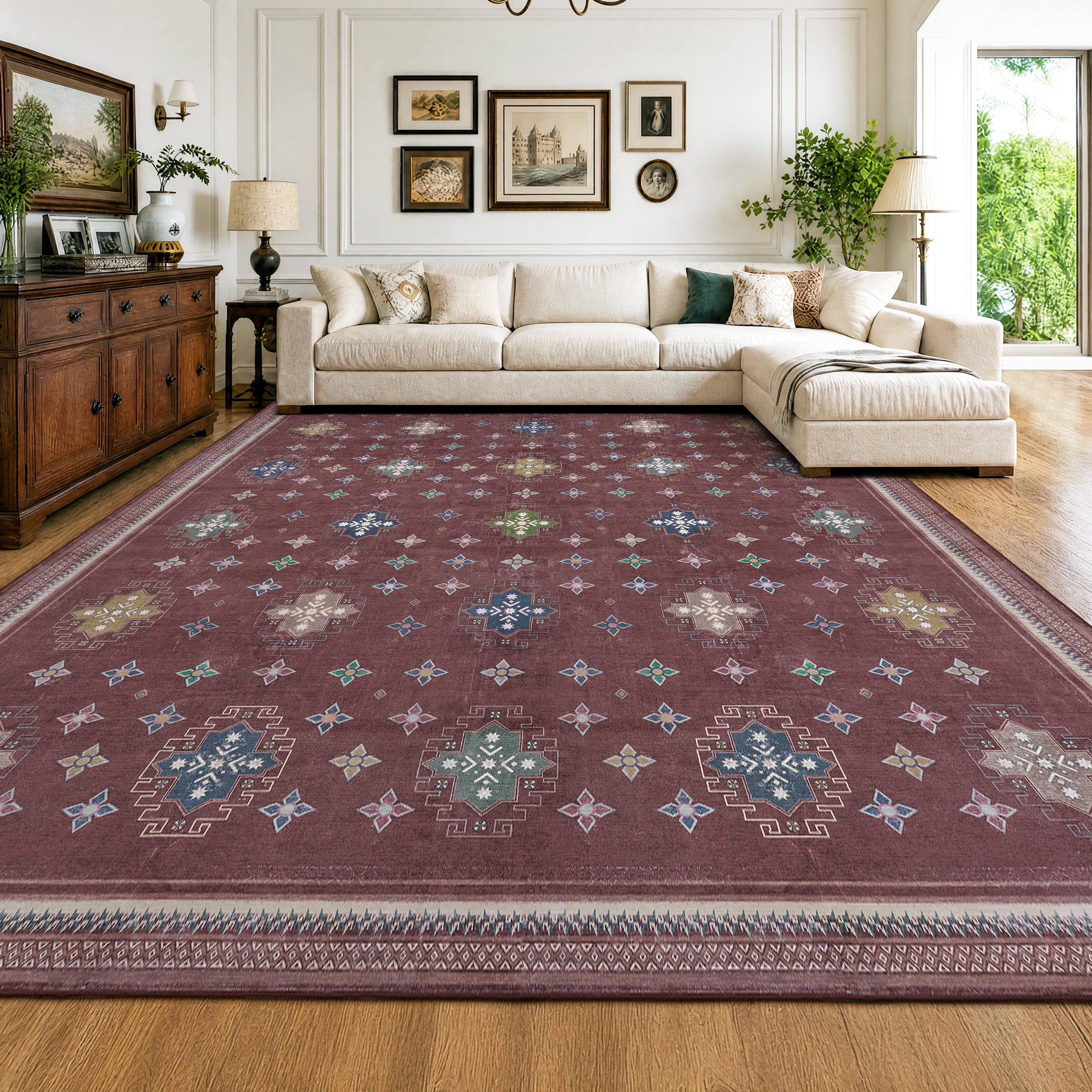 TURCURNO Boho Large 10x14 Area Rugs for Bedroom, Persian Geometric Soft Western Indoor Rug, Non-Slip Washable Foldable Rugs for Dining Room Living Room