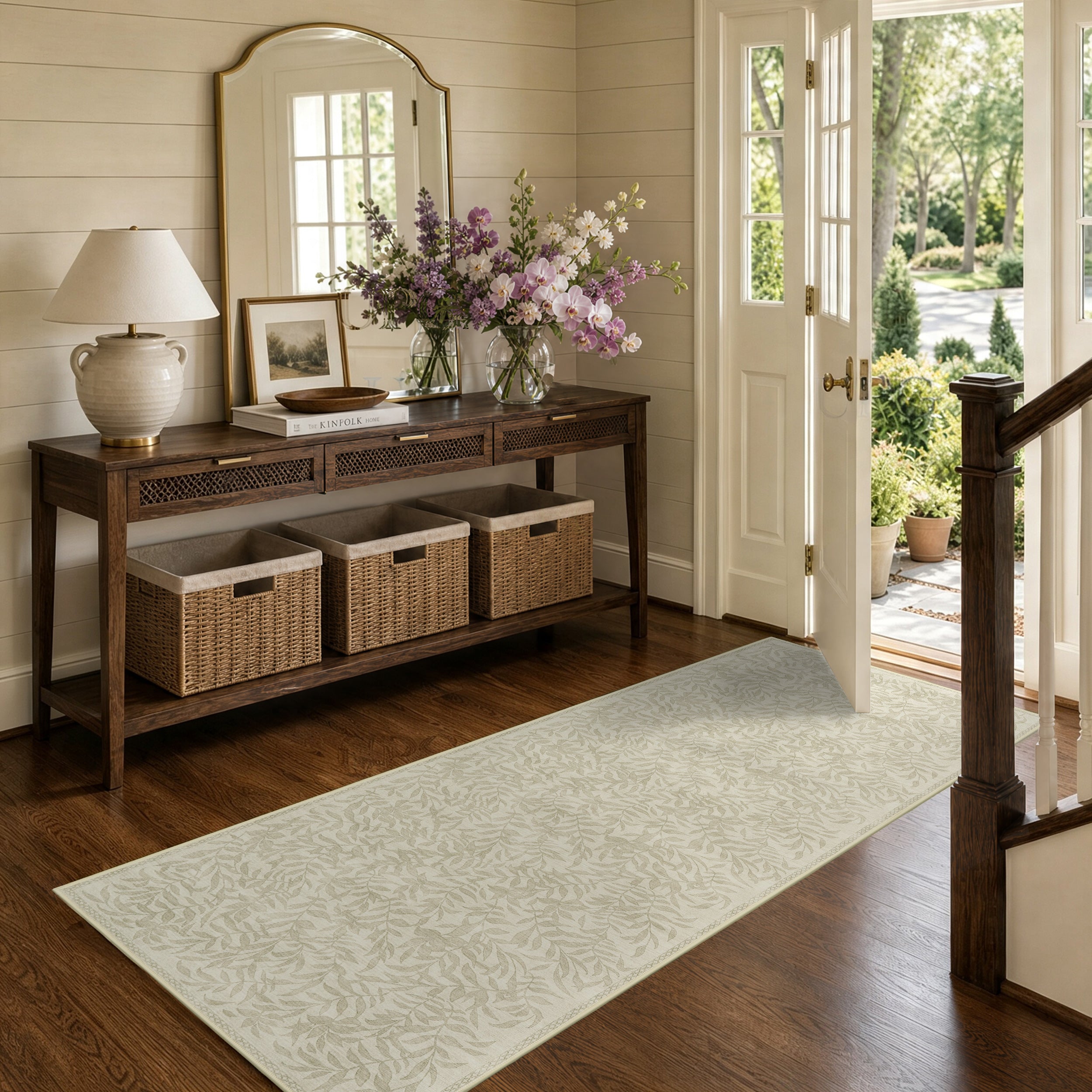 TURCURNO Stain Resistant Kitchen 2x6 Runner Rug for Entryway,Neutral Farmhouse Cream Beige Willow Leaf Bath Runner Mat Non Slip Washable for Entrance Hallway