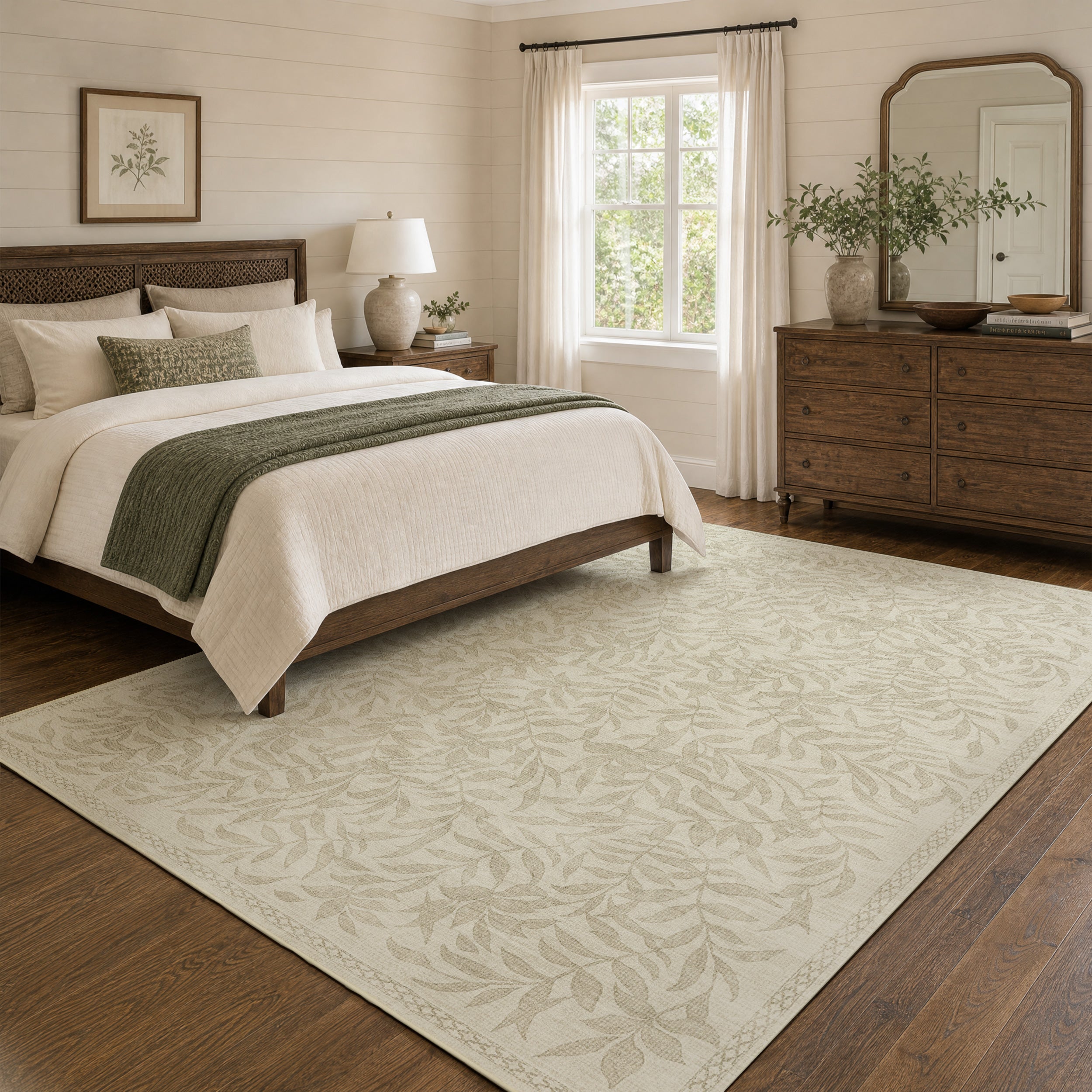 TURCURNO Machine Washable 5x7 Area Rugs for Living Room Bedroom,Cream Beige Willow Leaf Area Rugs Soft Low Pile Vintage Neutral Boho Farmhouse Rugs
