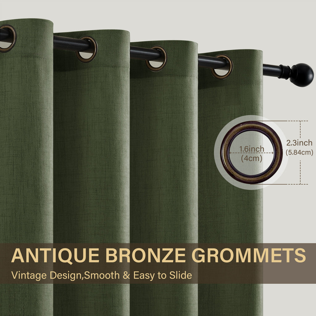 TURCURNO Light Filtering Linen Curtains for Bedroom,Soft Fabric Elegant Bronze Grommet Semi-Sheer Privacy Drapes 2 Panels,Olive Green,52"x90"