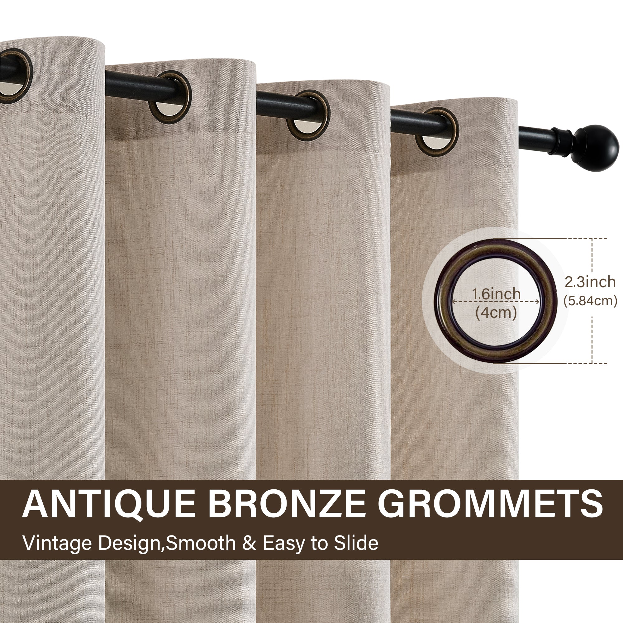 TURCURNO Light Filtering Linen Curtains for Living Room and Office,Soft Flax Textured Bronze Grommet Semi Sheer Privacy Drapes 2 Panels,Linen,52"x96"