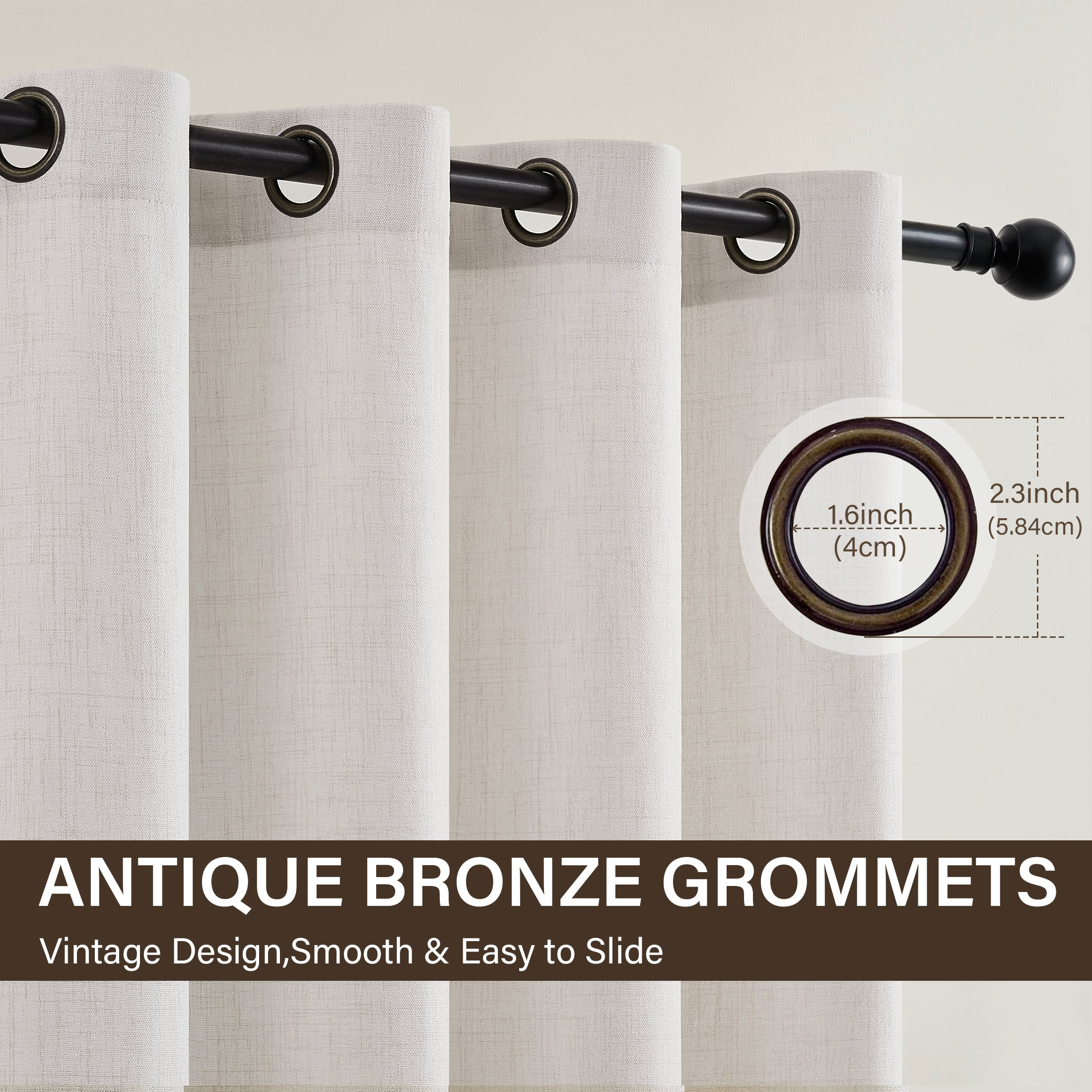 TURCURNO Light Filtering Linen Curtains for Living Room,Soft Fabric Bronze Grommet Semi Sheer Floor to Ceiling Curtains,2 Panels,Beige White,52"x102"