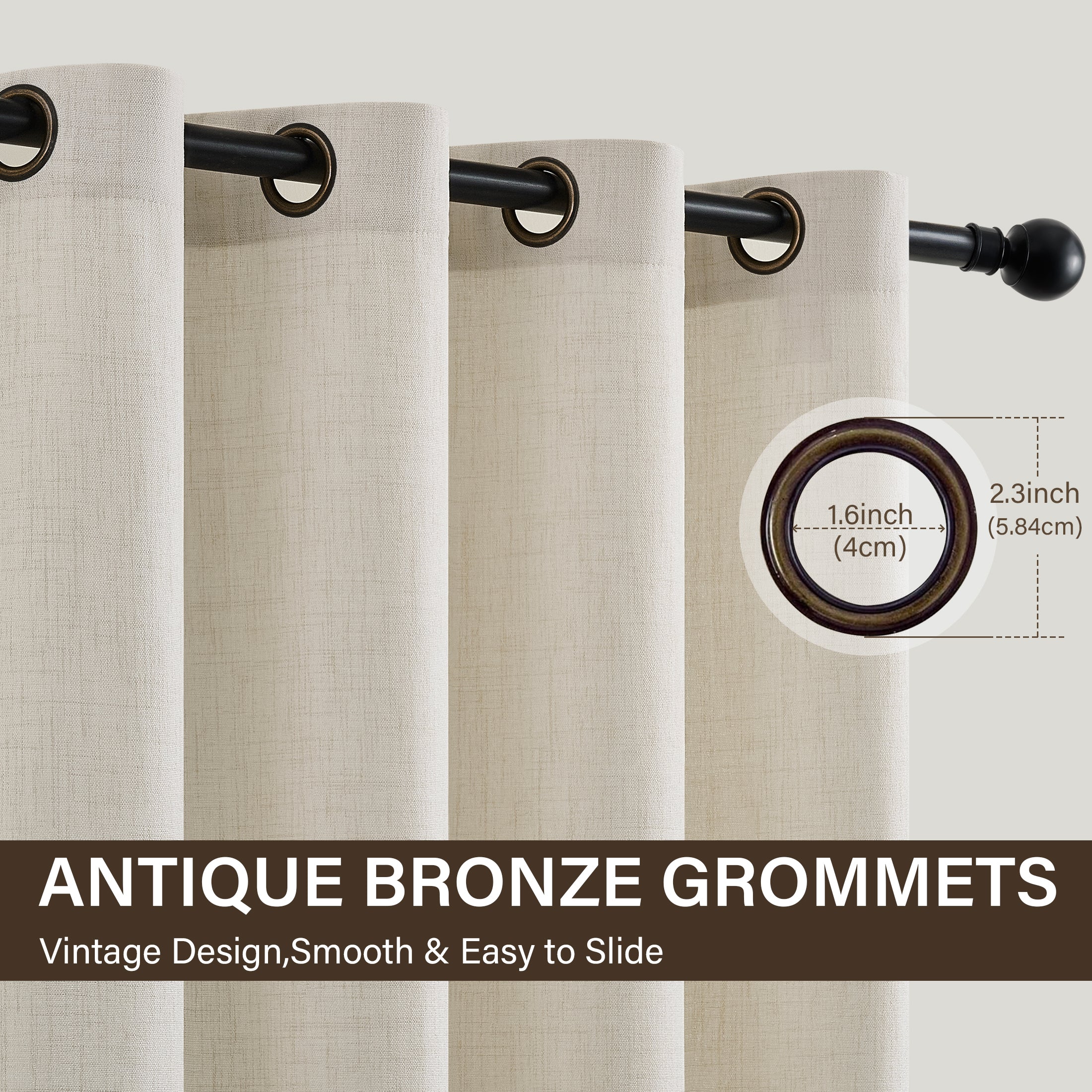 TURCURNO Light Filtering Linen Curtains for Bedroom Farmhouse,Soft Flax Textured Bronze Grommet Semi-Sheer Boho Curtains 2 Panels,Ivory White,52"x63"