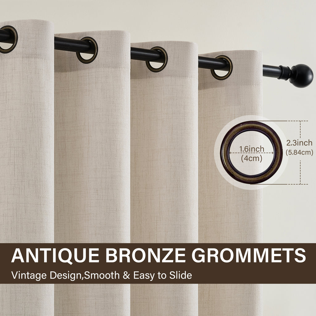 TURCURNO Light Filtering Linen Curtains for Living Room and Office,Flax Textured Bronze Grommet Semi Sheer Privacy Drapes 2 Panels,Natural,52"x96"