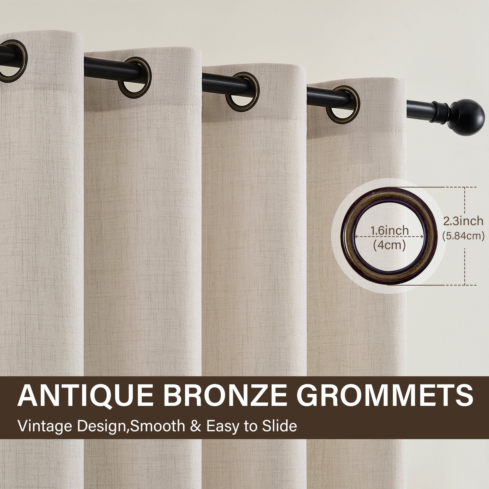 TURCURNO Light Filtering Linen Curtains for Living Room and Office,Flax Textured Bronze Grommet Semi Sheer Privacy Drapes 2 Panels,Natural,52"x96"