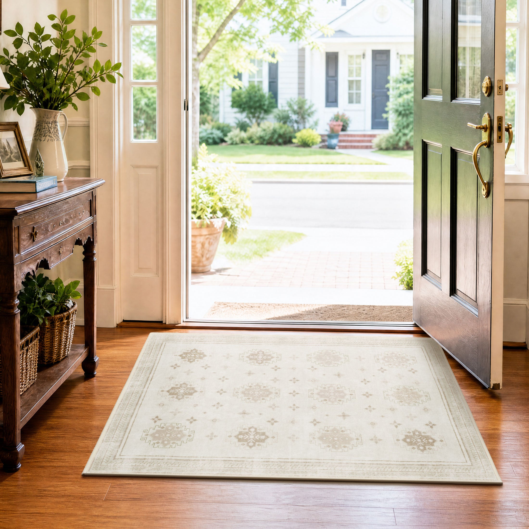 TURCURNO Beige 2x3 Vintage Neutral Area Rugs for Door, Boho Medallion Non-Slip Soft Washable Low Pile Indoor Carpets for Entrance Kitchen Bathroom Entryway Dorm