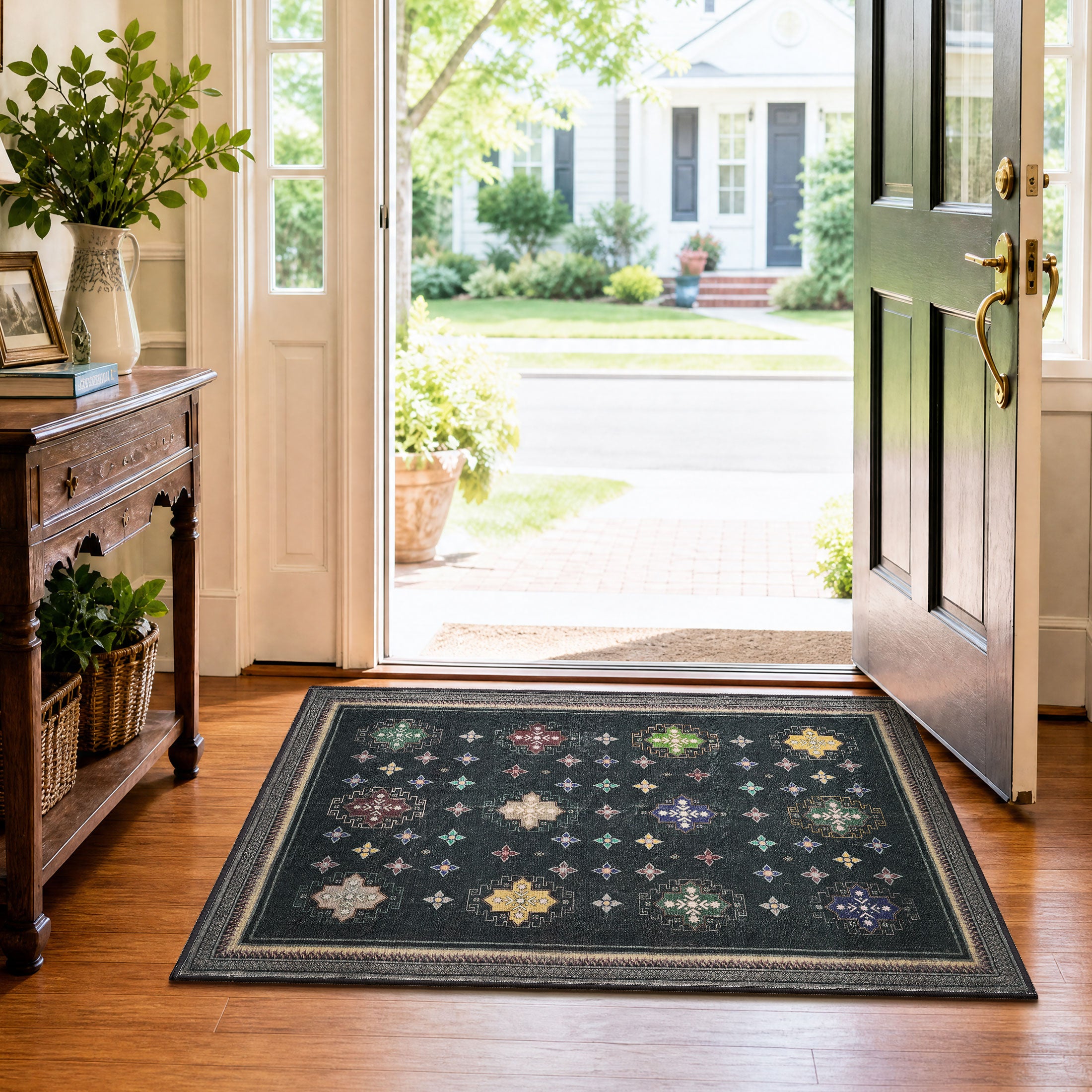 TURCURNO Black Washable 2x3 Small Area Rugs for Entryway, Persian Oriental Distressed Stain Resistant Durable Low Pile Door Mats for Bedroom Entrance Laundry Door