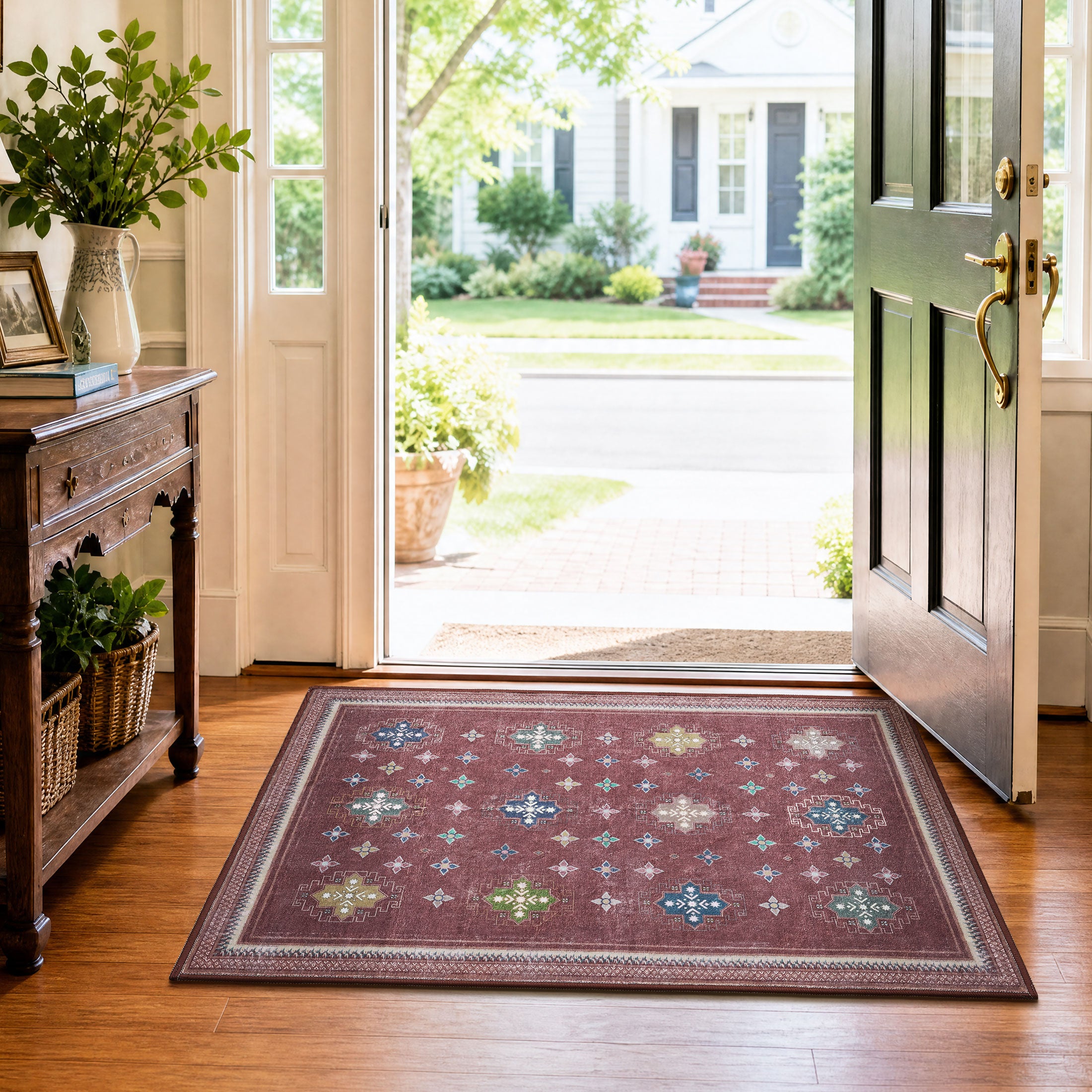 TURCURNO Stain Resistant 2x3 Vintage Red Small Door Mat, Boho Geometric Distressed Low Pile Non-Slip Machine Washable Indoor Carpets for Entrance Bedroom Bathroom, Red