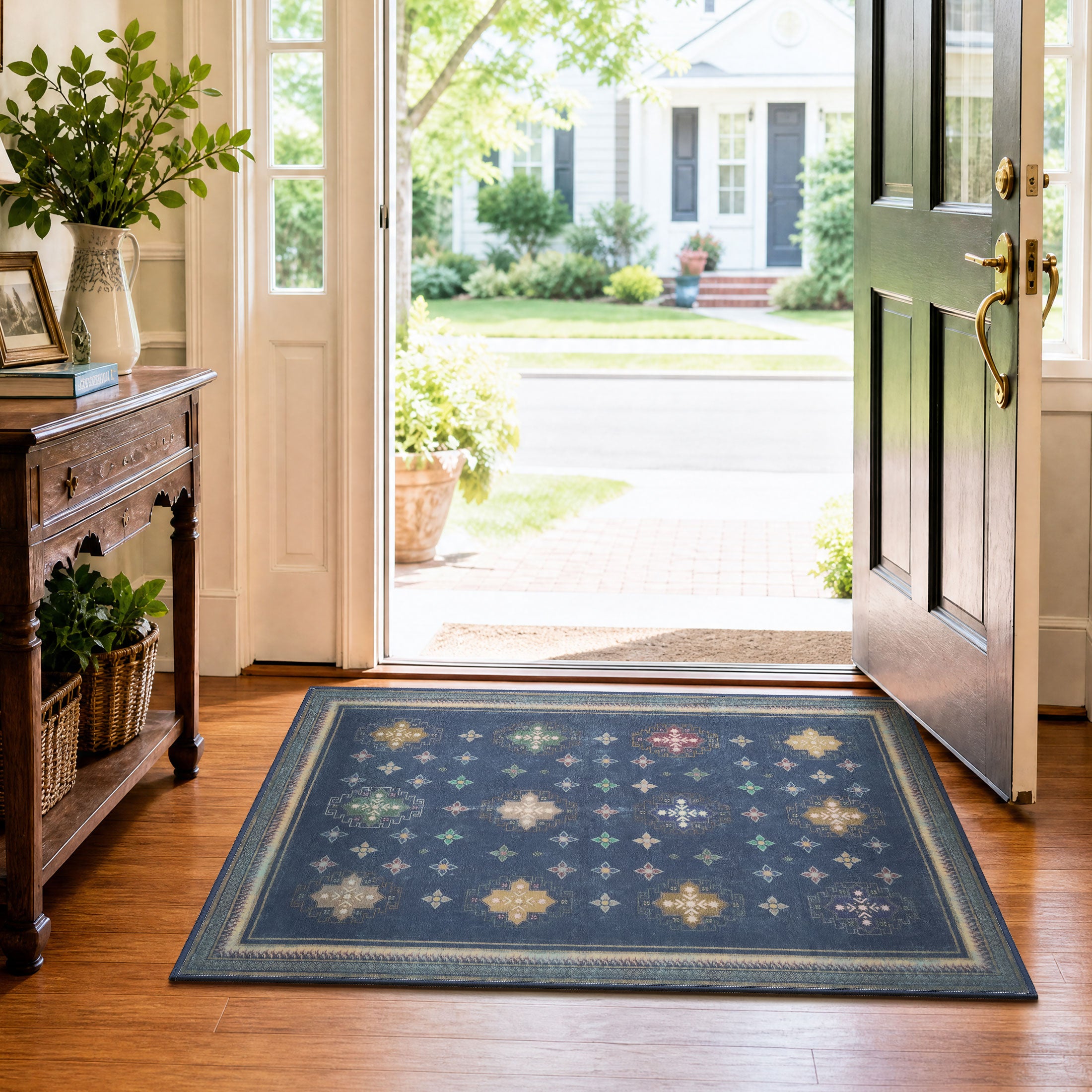 TURCURNO Blue 2x3 Machine Washable Area Rugs for Entrance, Farmhouse Vintage Boho Non-Slip Durable Indoor Mats for Entryway Door Living Room Playroom, Midnight Blue