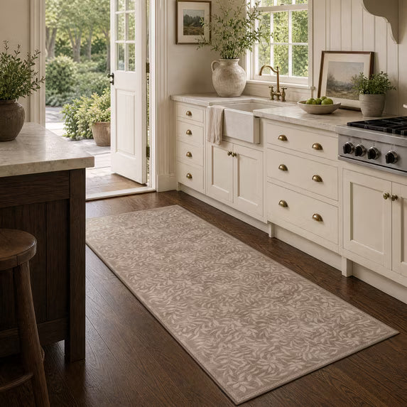 TURCURNO Non Slip 2x6 Rug Pads for Bathroom,Soft Low Pile Willow Leaf Laundry Room Runner Rug,Cream Brown Neutral Boho Farmhouse Runner Mat for Kitchen Entrance