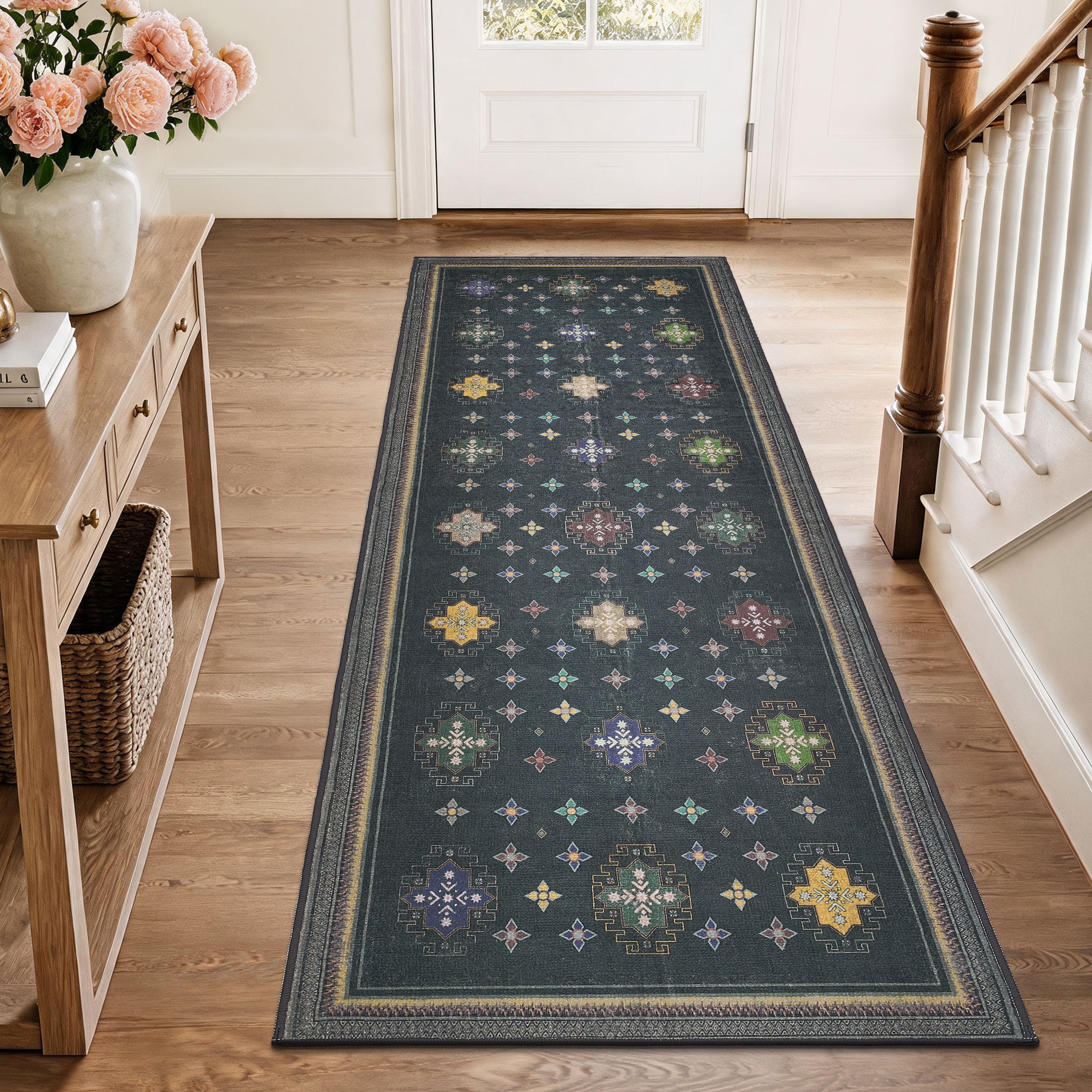 TURCURNO Non Slip Washable Black 2x6 Runner Rugs for Hallway, Oriental Medallion Distressed Stain Resistant Durable Carpets for Living Room Bedroom Office Laundry