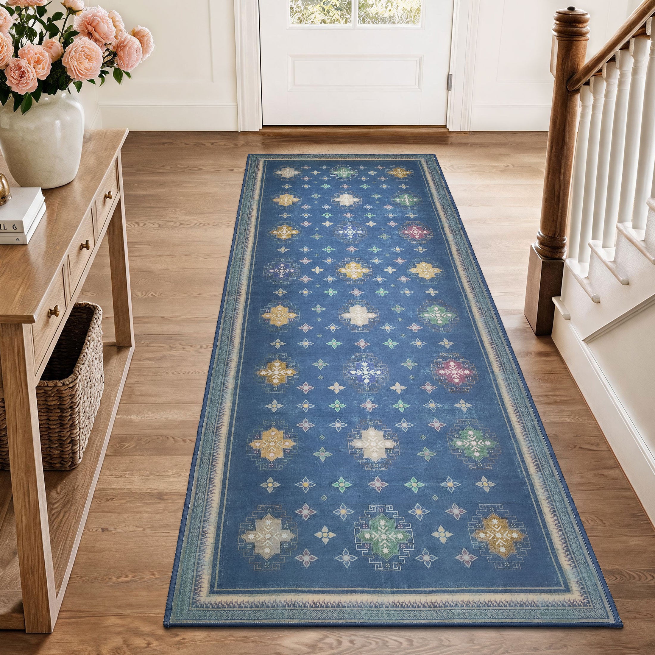 TURCURNO Blue 2x6 Runner Rugs for Hallway, Vintage Boho Farmhouse Non Slip Machine Washable Indoor Carpets for Laundry Playroom Corridor, Midnight Blue