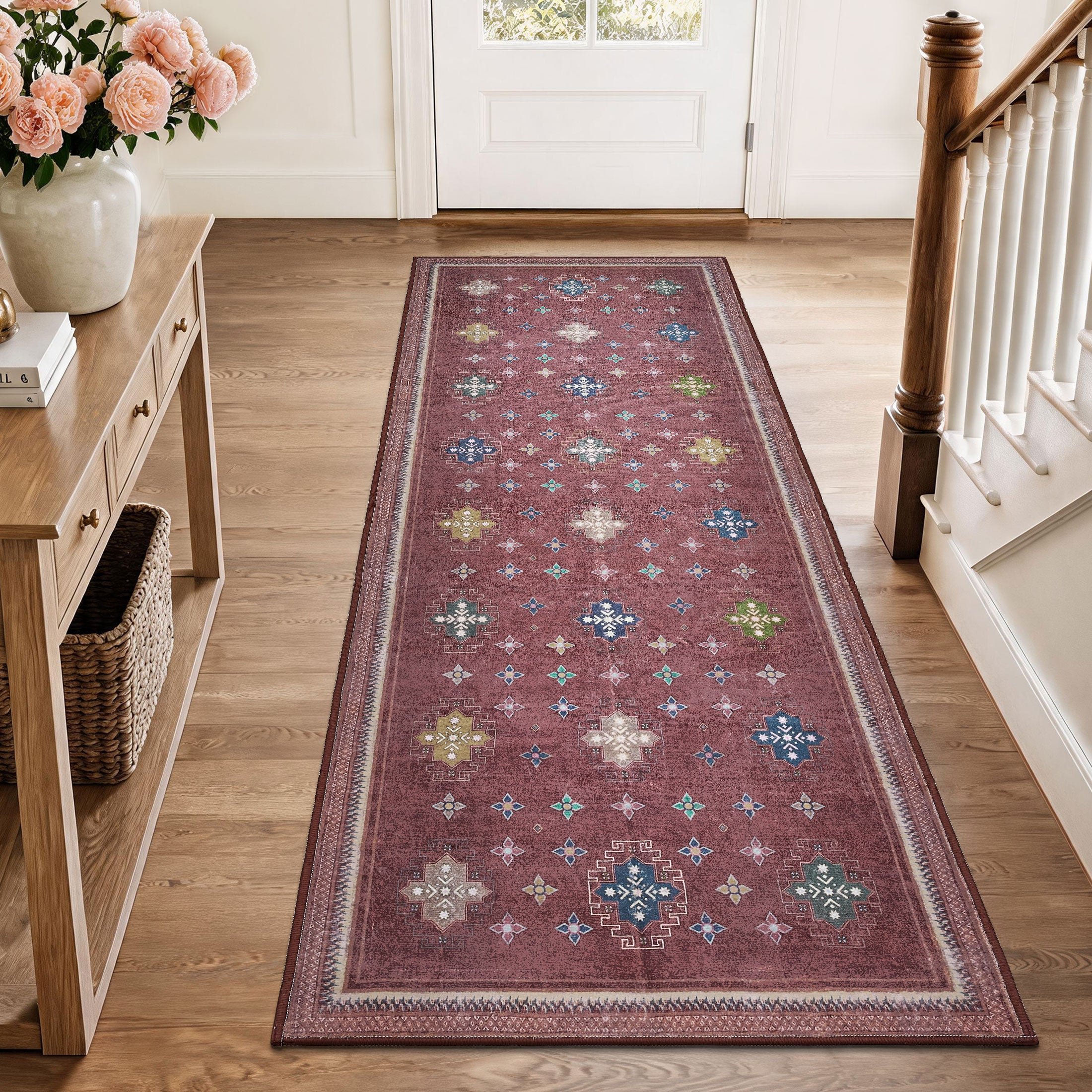 TURCURNO Traditional Persian 2x6 Vintage Red Runner Rugs for Hallway, Vintage Boho Distressed Non-Slip Washable Indoor Rugs for Office Kitchen, Red