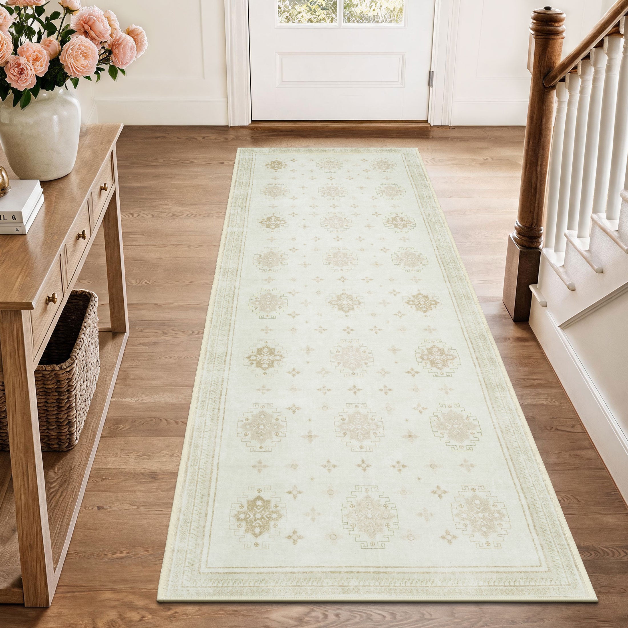 TURCURNO Beige 2x6 Vintage Boho Hallway Runner Rugs, Washable Traditional Geometric Medallion Carpet, Non Slip Stain Resistant Rugs for Kitchen Laundry Room Dorm