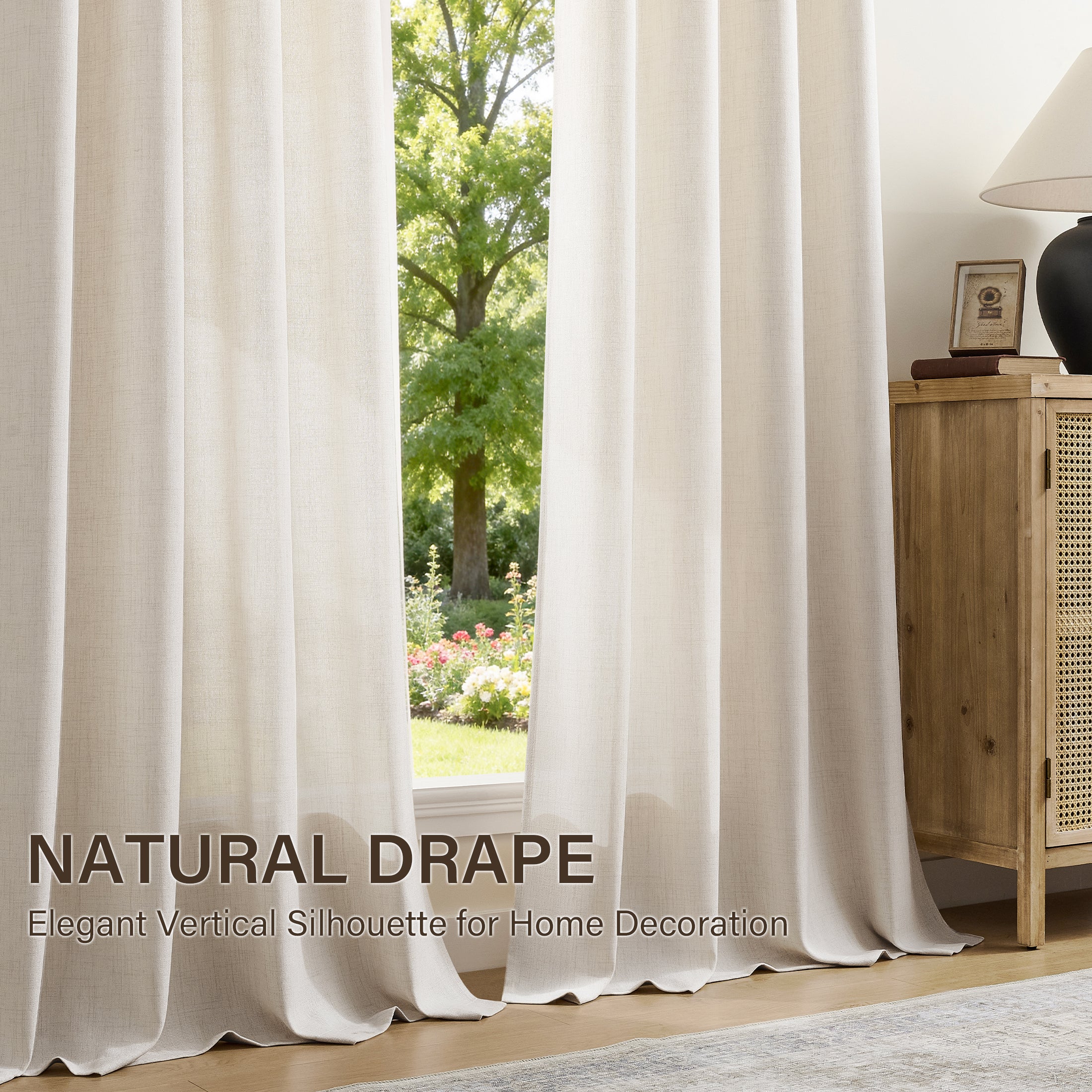 TURCURNO Light Filtering Linen Curtains for Living Room Bedroom,Soft Flax Textured Bronze Grommet Semi Sheer Privacy Drapes 2 Panels,Natural,52"x90"