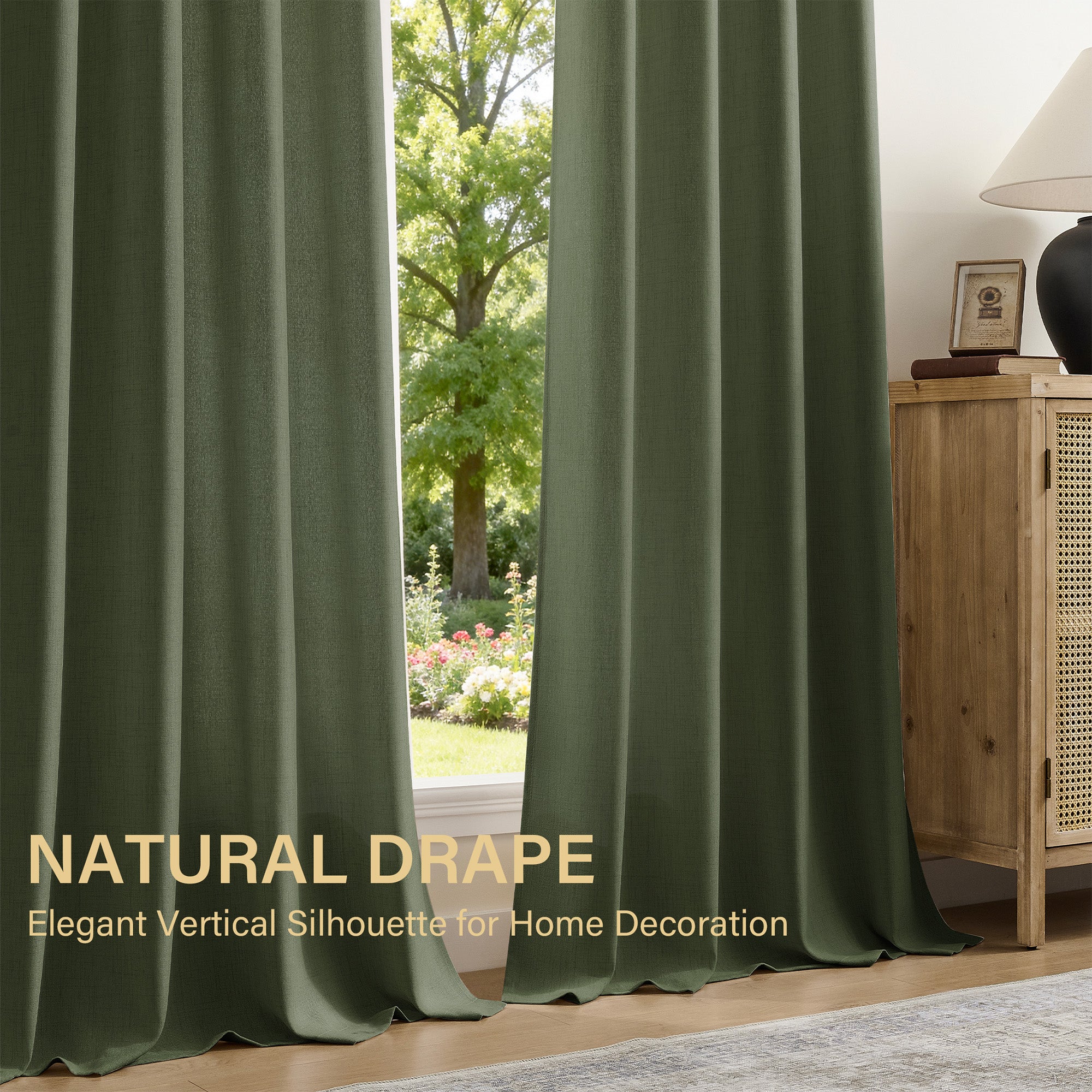 TURCURNO Light Filtering Linen Curtains for Bedroom,Soft Fabric Elegant Bronze Grommet Semi-Sheer Privacy Drapes 2 Panels,Olive Green,52"x90"
