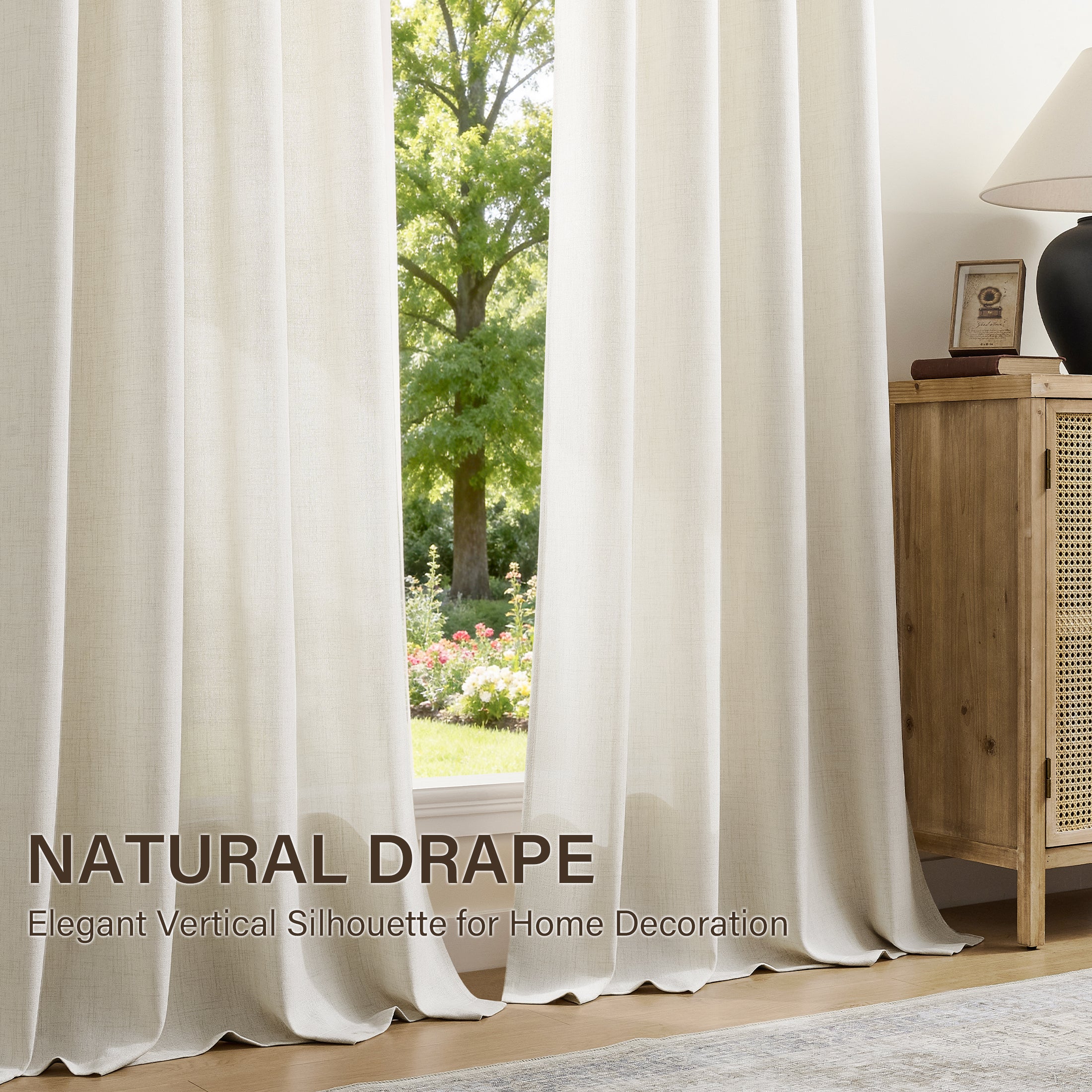 TURCURNO Light Filtering Linen Curtains for Bedroom Farmhouse,Soft Flax Textured Bronze Grommet Semi-Sheer Boho Curtains 2 Panels,Ivory White,52"x63"