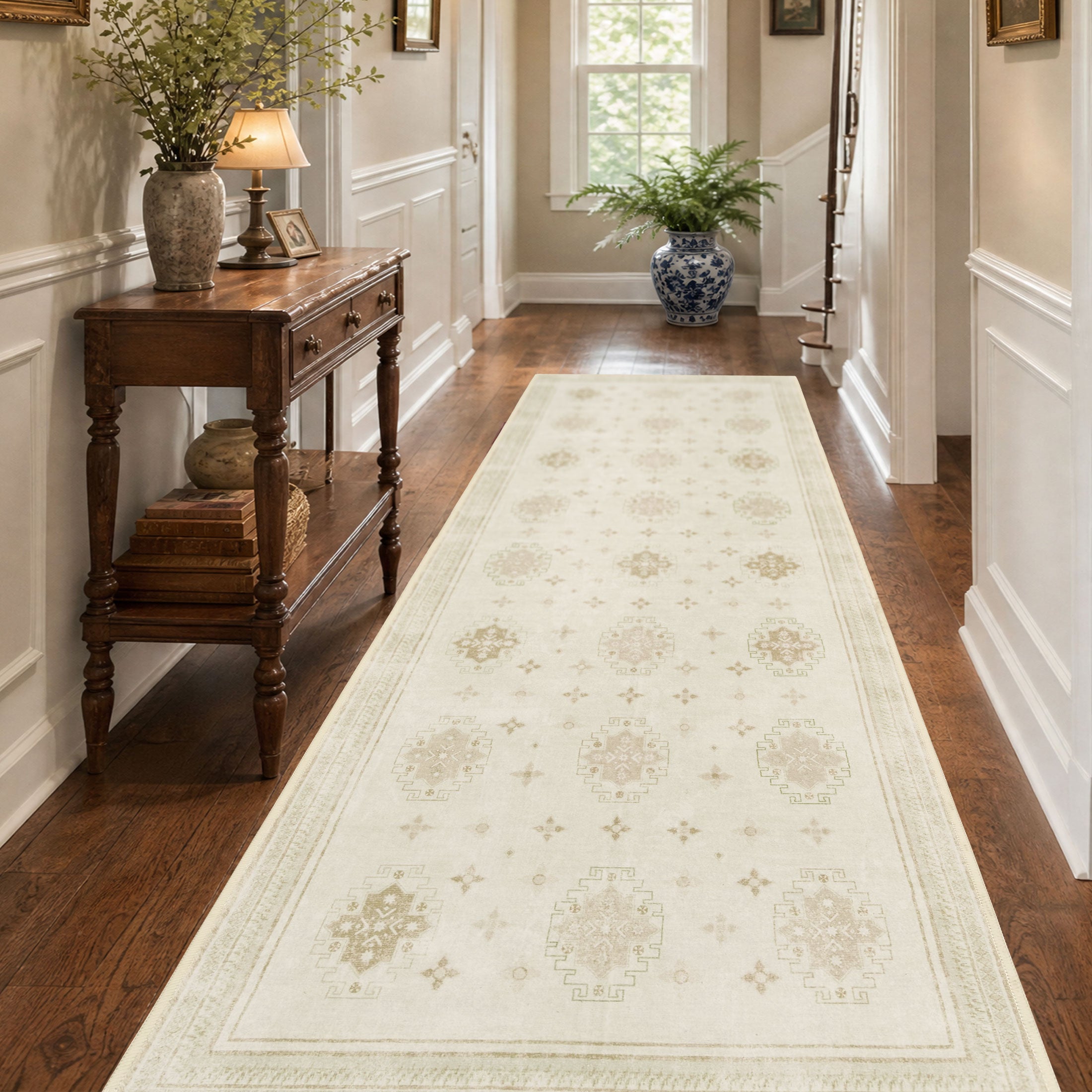 TURCURNO Beige Vintage 3x8 Farmhouse Long Runner Rugs, Traditional Persian Non-Slip Machine Washable Distressed Indoor Carpets for Hallway Kitchen Entryway