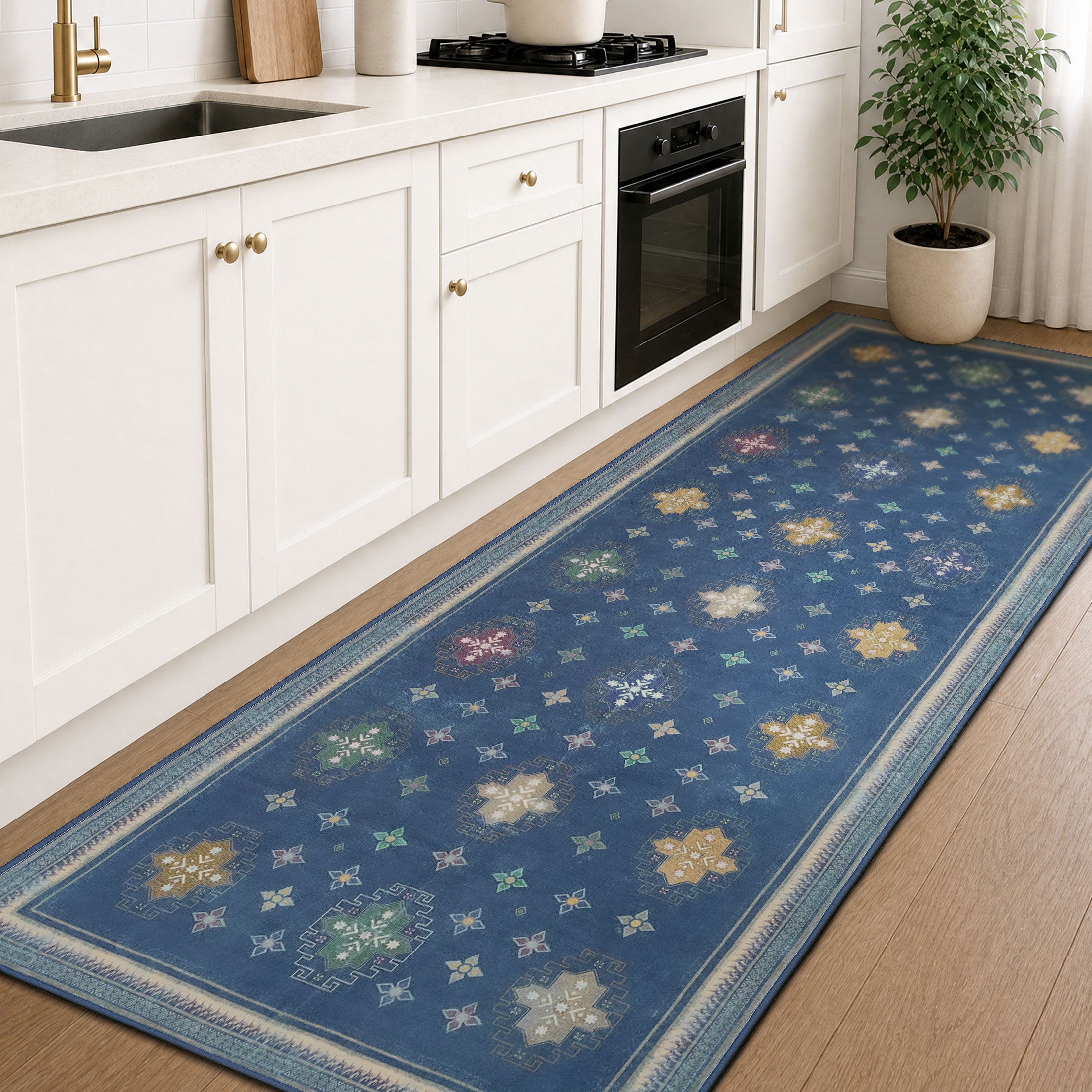 TURCURNO Blue 3x8 Runner Rugs for Laundry, Vintage Boho Farmhouse Non Slip Machine Washable Indoor Carpets for Playroom Hallway Living Room, Midnight Blue