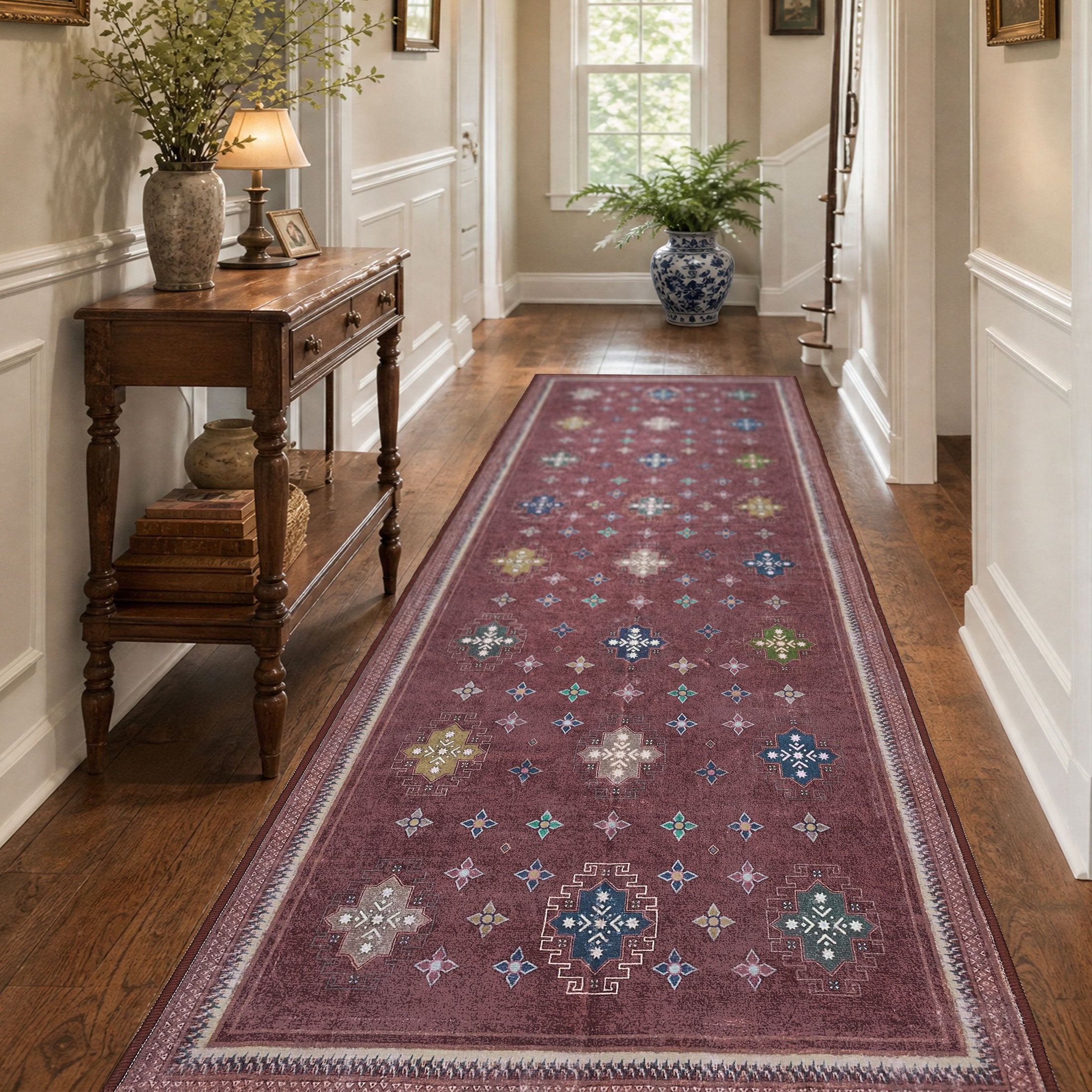 TURCURNO Vintage Boho Non Slip Washable 3x8 Runner Rugs for Laundry, Boho Distressed Stain Resistant Low Pile Indoor Rugs for Hallway Office Kitchen, Vintage Red