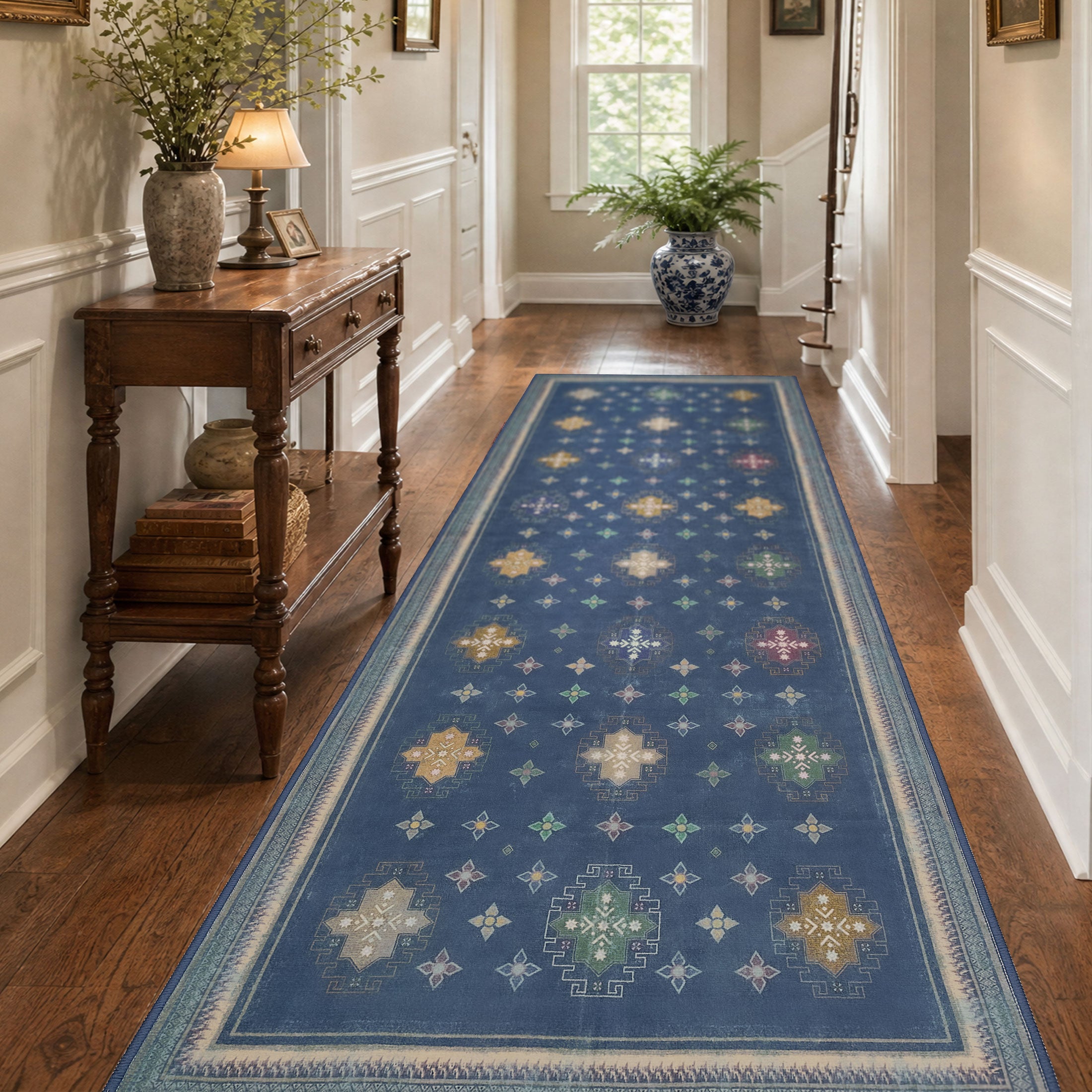 TURCURNO Blue 3x8 Runner Rugs for Laundry, Vintage Boho Farmhouse Non Slip Machine Washable Indoor Carpets for Playroom Hallway Living Room, Midnight Blue