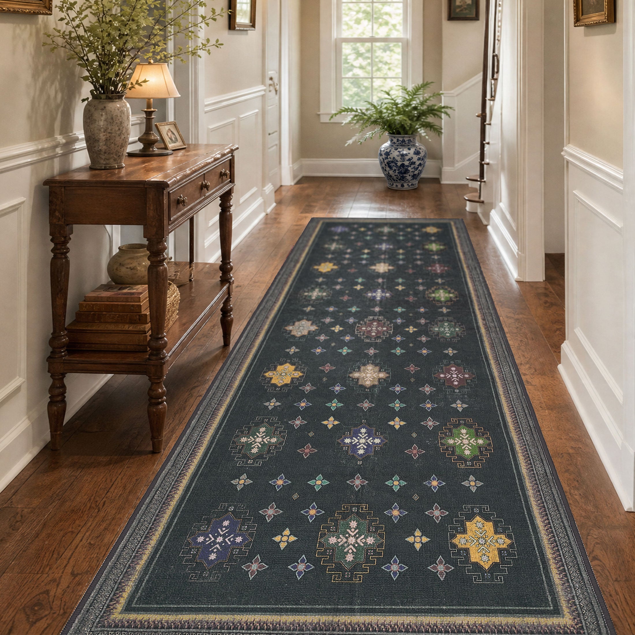 TURCURNO Tribal Boho Distressed Black 3x8 Runner Rugs for Hallway, Machine Washable Stain Resistant Durable Indoor Carpets for Living Room Bedroom Office