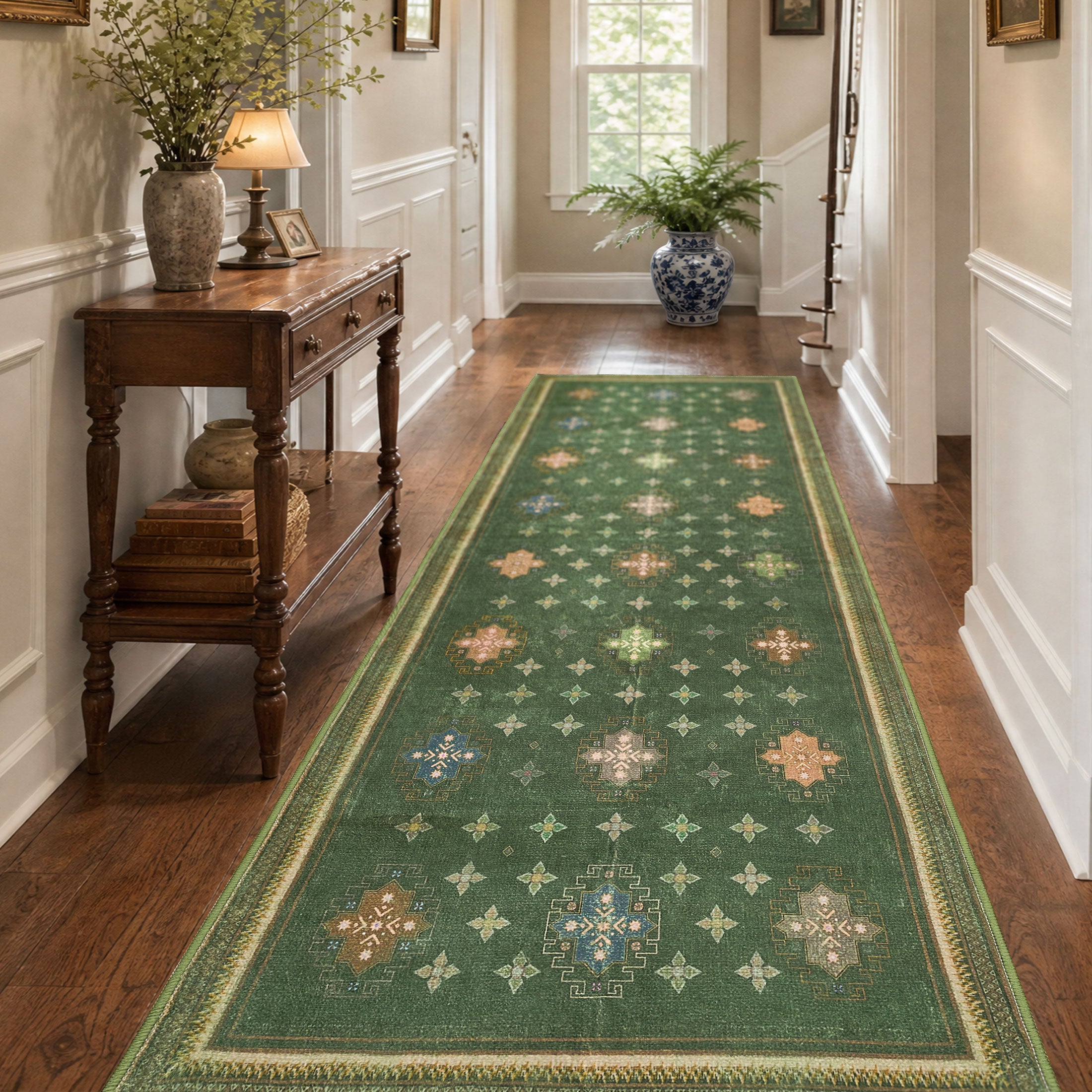 TURCURNO Persian Geometric 3x8 Olive Green Runner Rugs for Hallway, Vintage Distressed Low Pile Non-Slip Washable Durable Indoor Carpets for Doorway Kitchen, Green