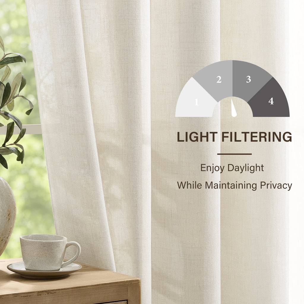 TURCURNO Light Filtering Linen Curtains for Bedroom Farmhouse,Soft Flax Textured Bronze Grommet Semi-Sheer Boho Curtains 2 Panels,Ivory White,52"x63"