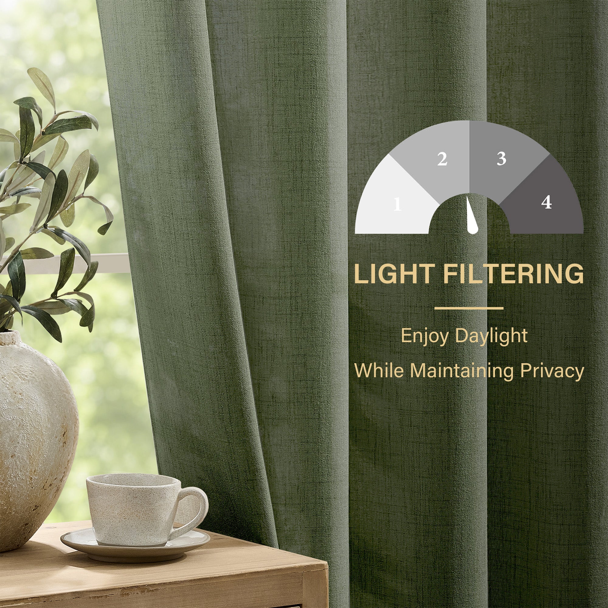 TURCURNO Light Filtering Linen Curtains for Bedroom,Soft Fabric Elegant Bronze Grommet Semi-Sheer Privacy Drapes 2 Panels,Olive Green,52"x90"