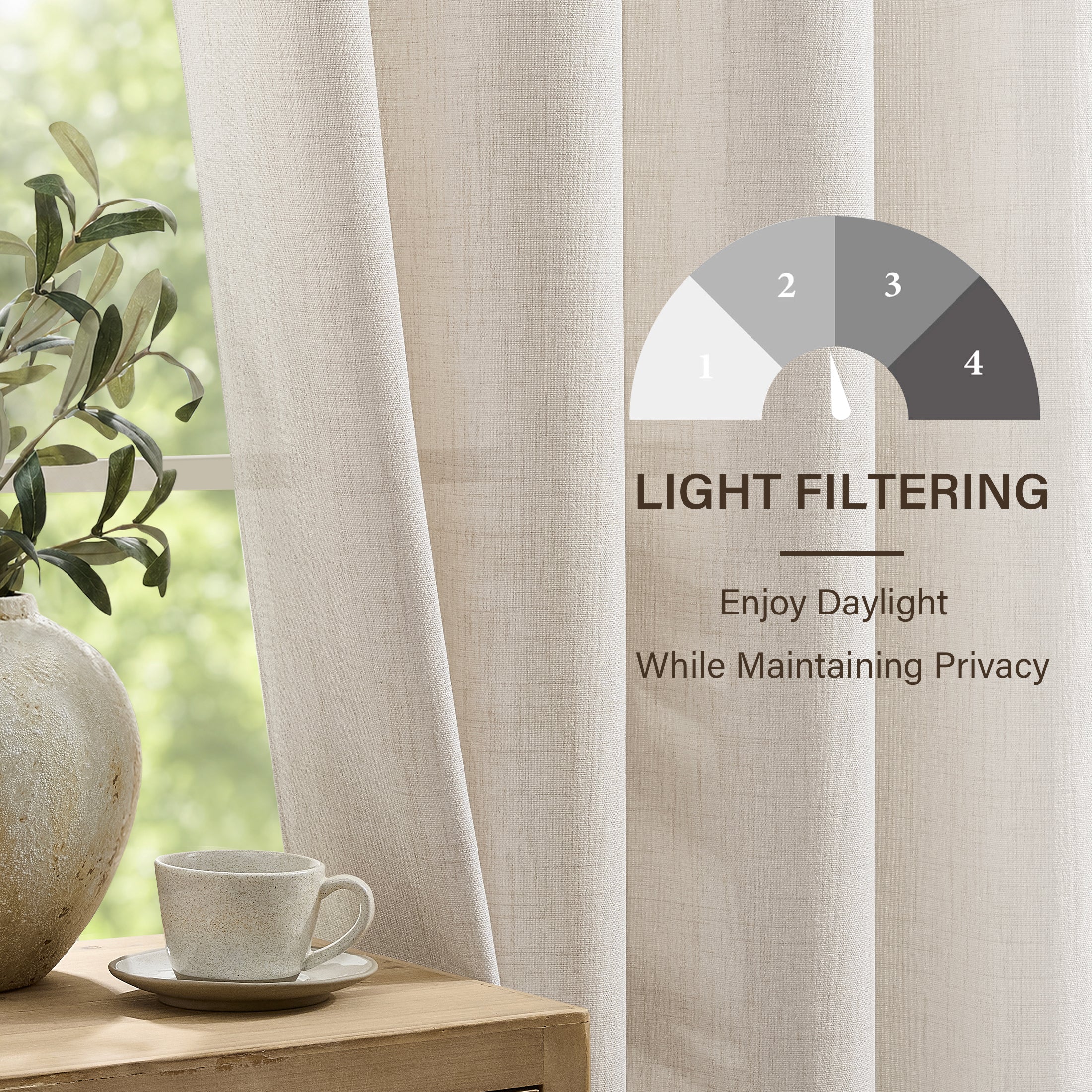 TURCURNO Light Filtering Linen Curtains for Living Room and Office,Flax Textured Bronze Grommet Semi Sheer Privacy Drapes 2 Panels,Natural,52"x96"