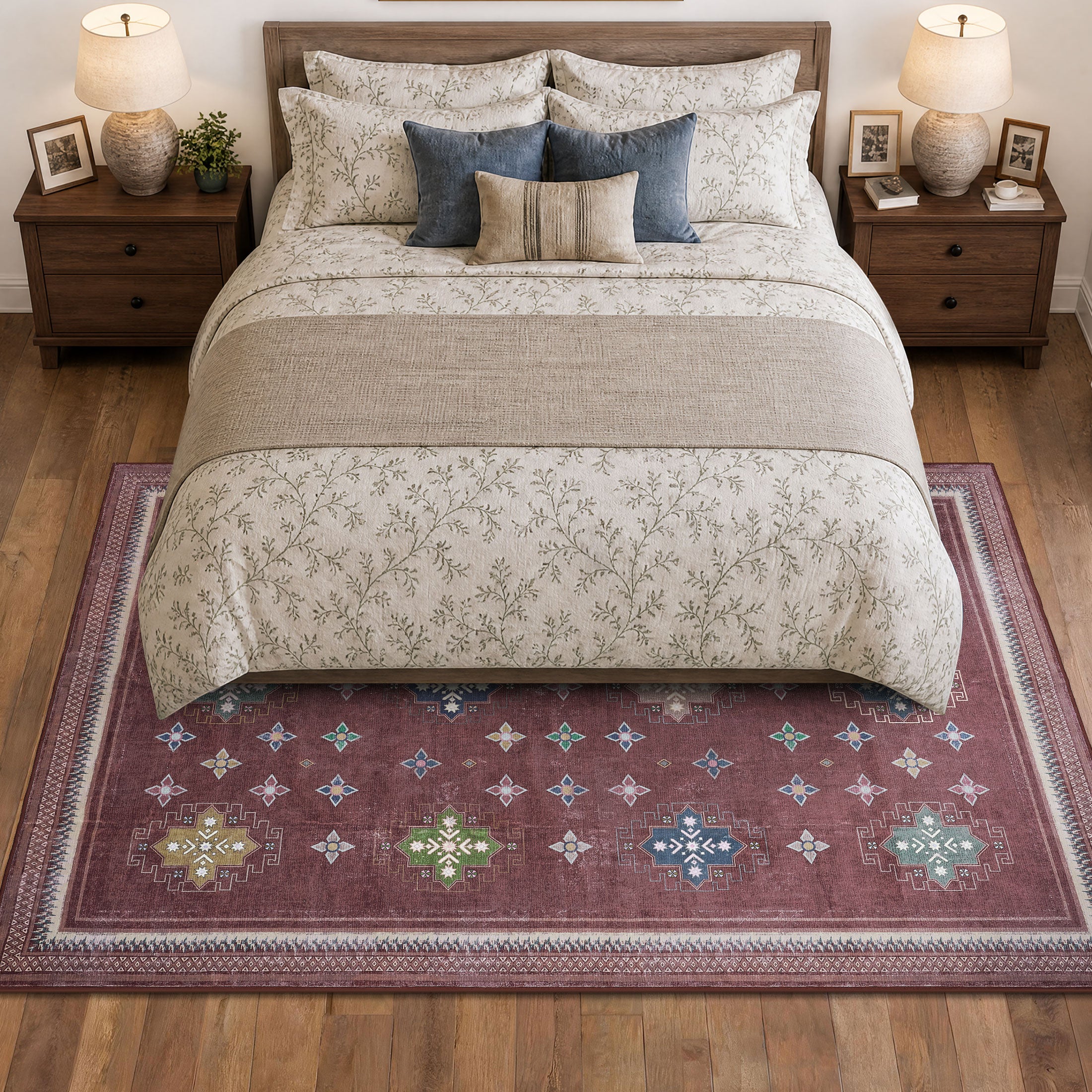 TURCURNO Traditional Geometric 4x6 Vintage Red Area Rugs for Living Room, Boho Vintage Distressed Low Pile Soft Non-Slip Washable Indoor Rugs for Bedroom Laundry Office