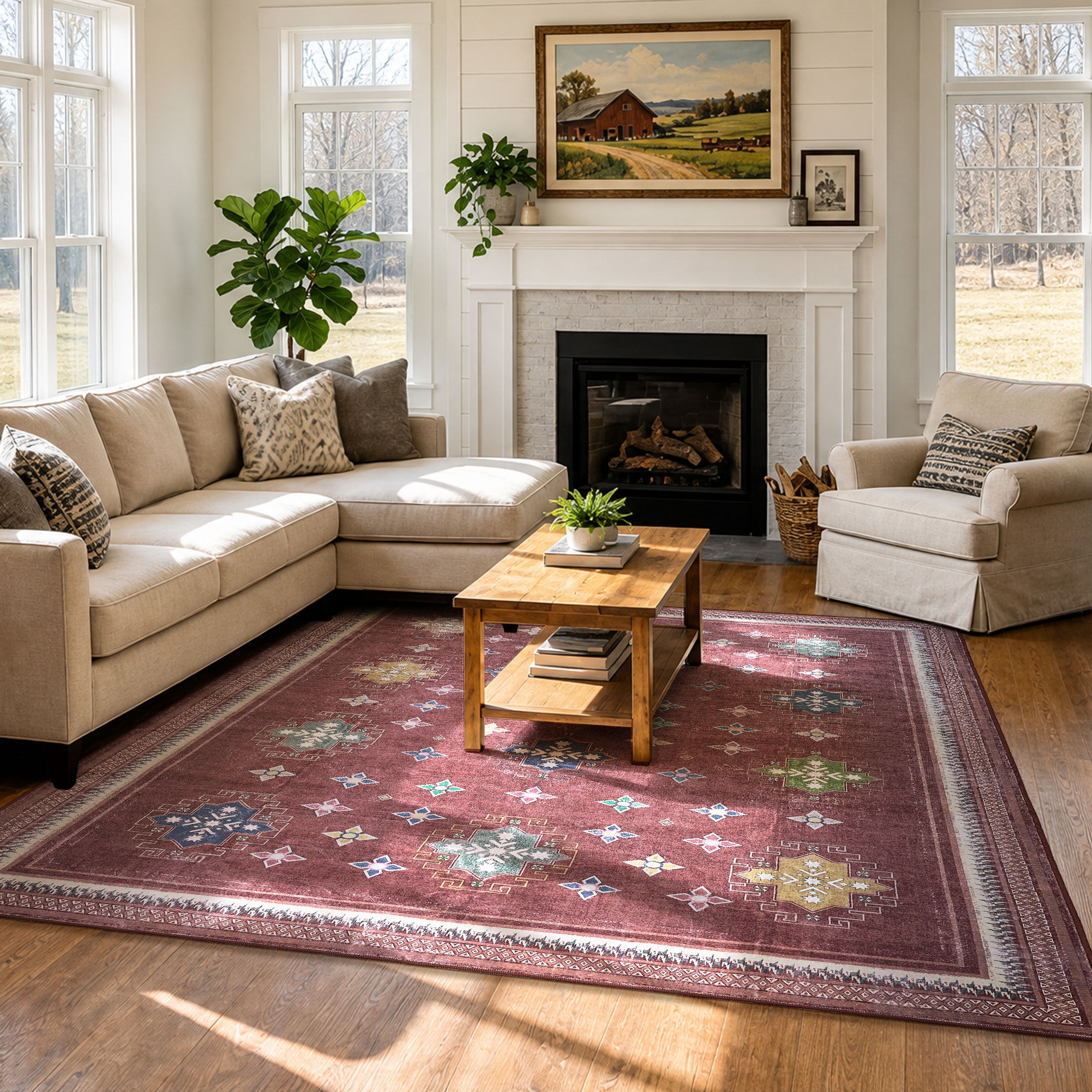 TURCURNO Traditional Geometric 4x6 Vintage Red Area Rugs for Living Room, Boho Vintage Distressed Low Pile Soft Non-Slip Washable Indoor Rugs for Bedroom Laundry Office