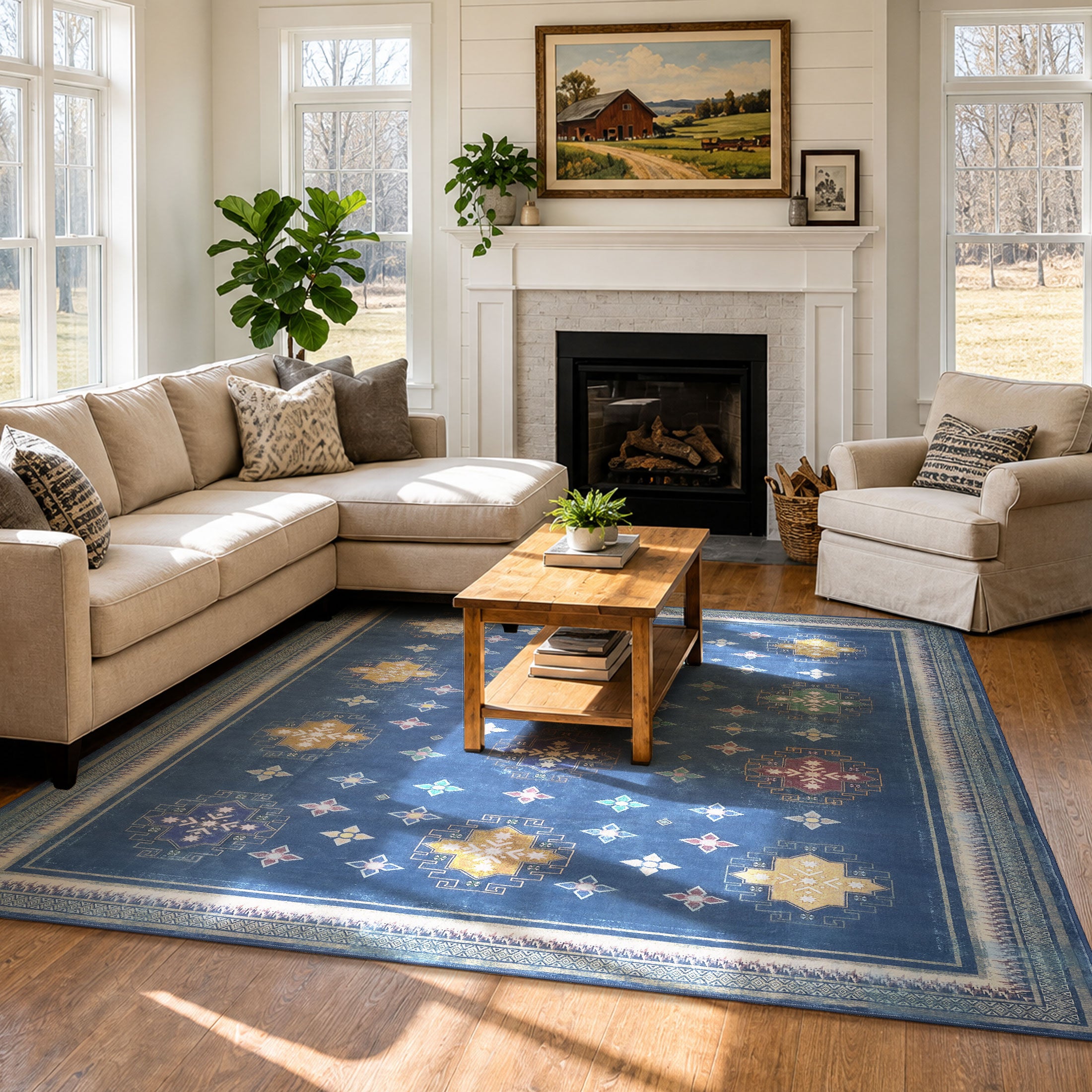 TURCURNO Midnight Blue Patio Farmhouse Style 4x6 Area Rugs for Living Room, Vintage Geometric Non-Slip Machine Washable Carpets for Playroom Office Bedroom, Blue