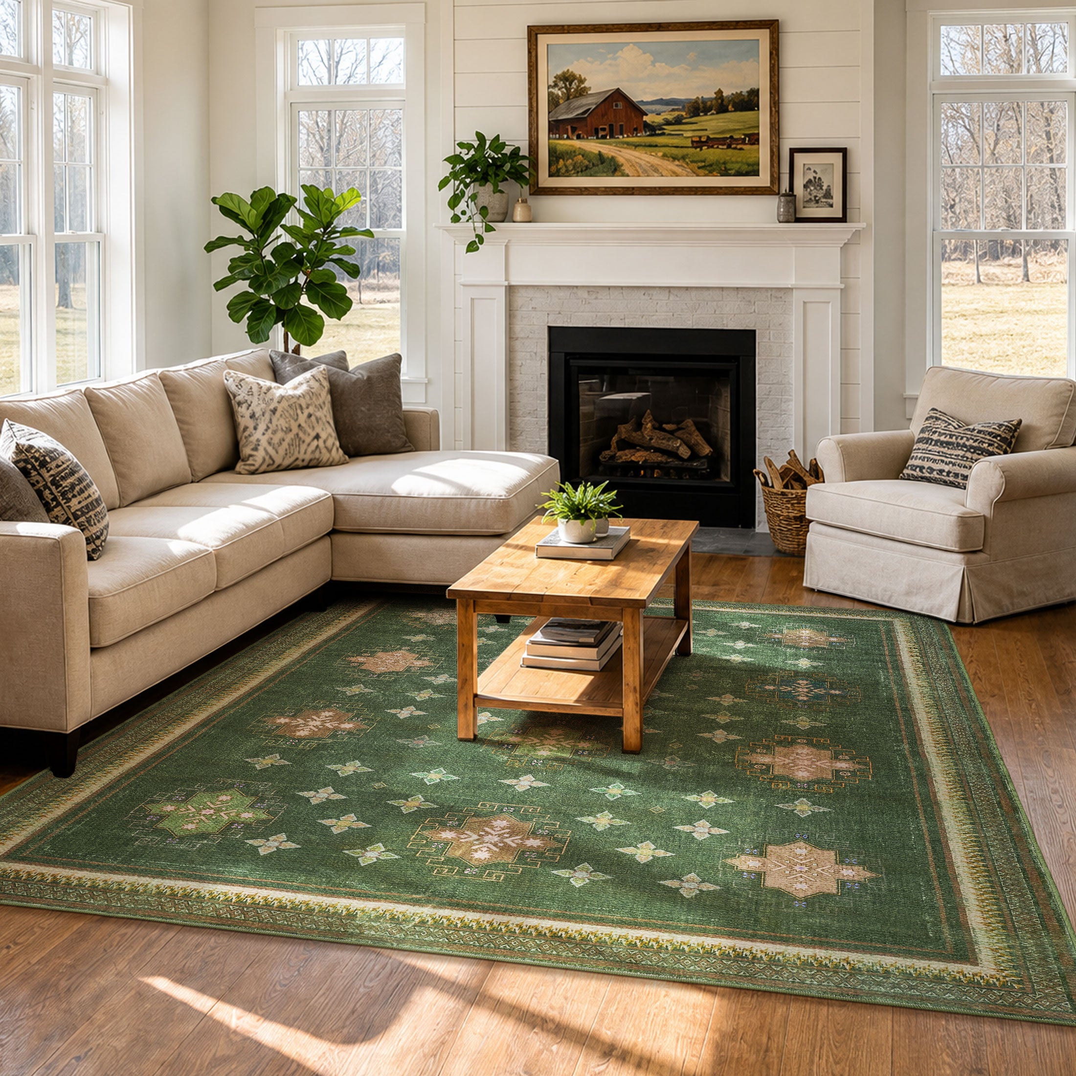TURCURNO Non-Slip Washable Green 4x6 Area Rugs for Living Room, Retro Distressed Durable Pet Friendly Stain Resistant Indoor Rugs for Bedroom Office, Olive Green