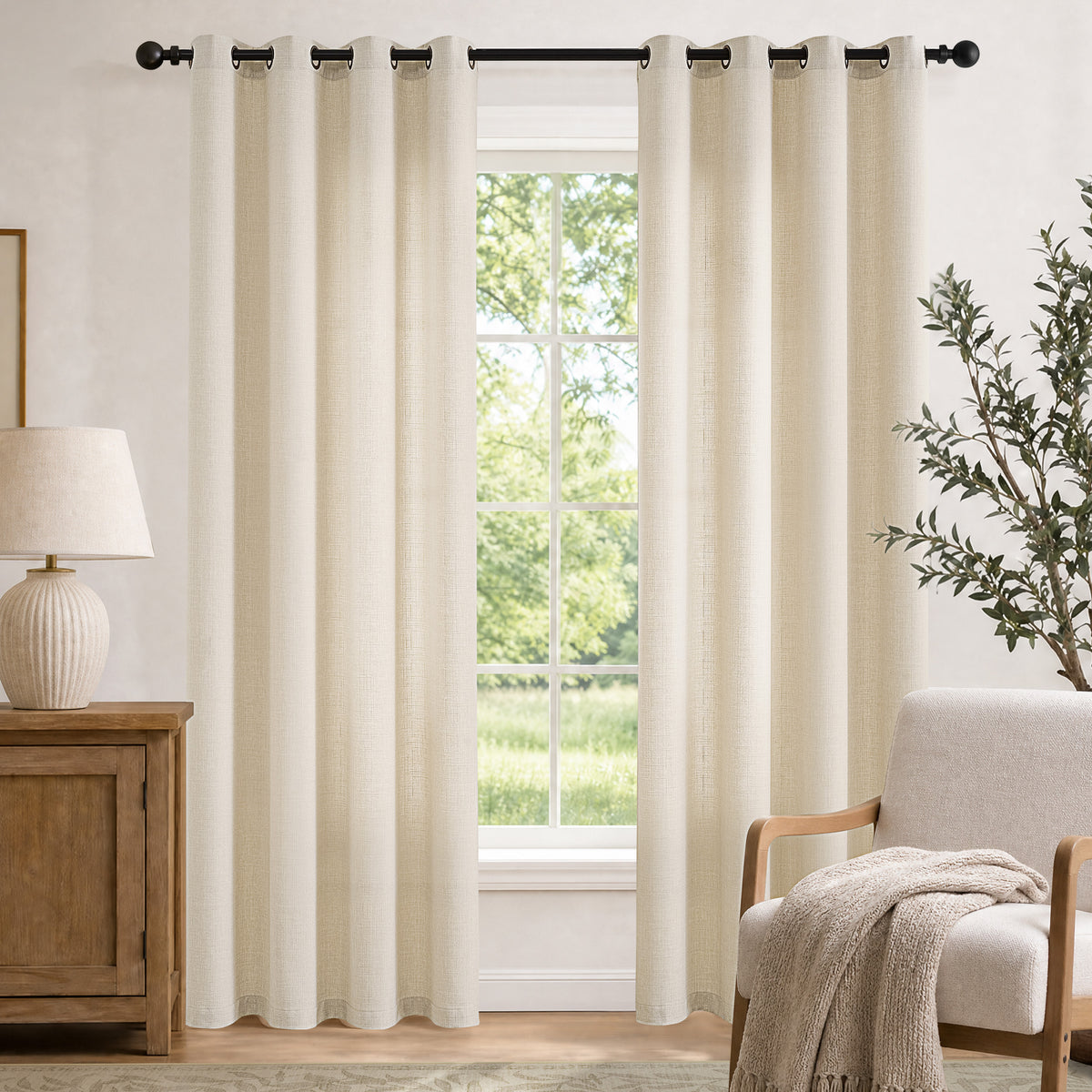 TURCURNO 84 Inch Linen Curtains for Living Room,Light Filtering Bronze Grommet Birch Drapes,Farmhouse Sliding Door Beige Window Curtains,2 Panels