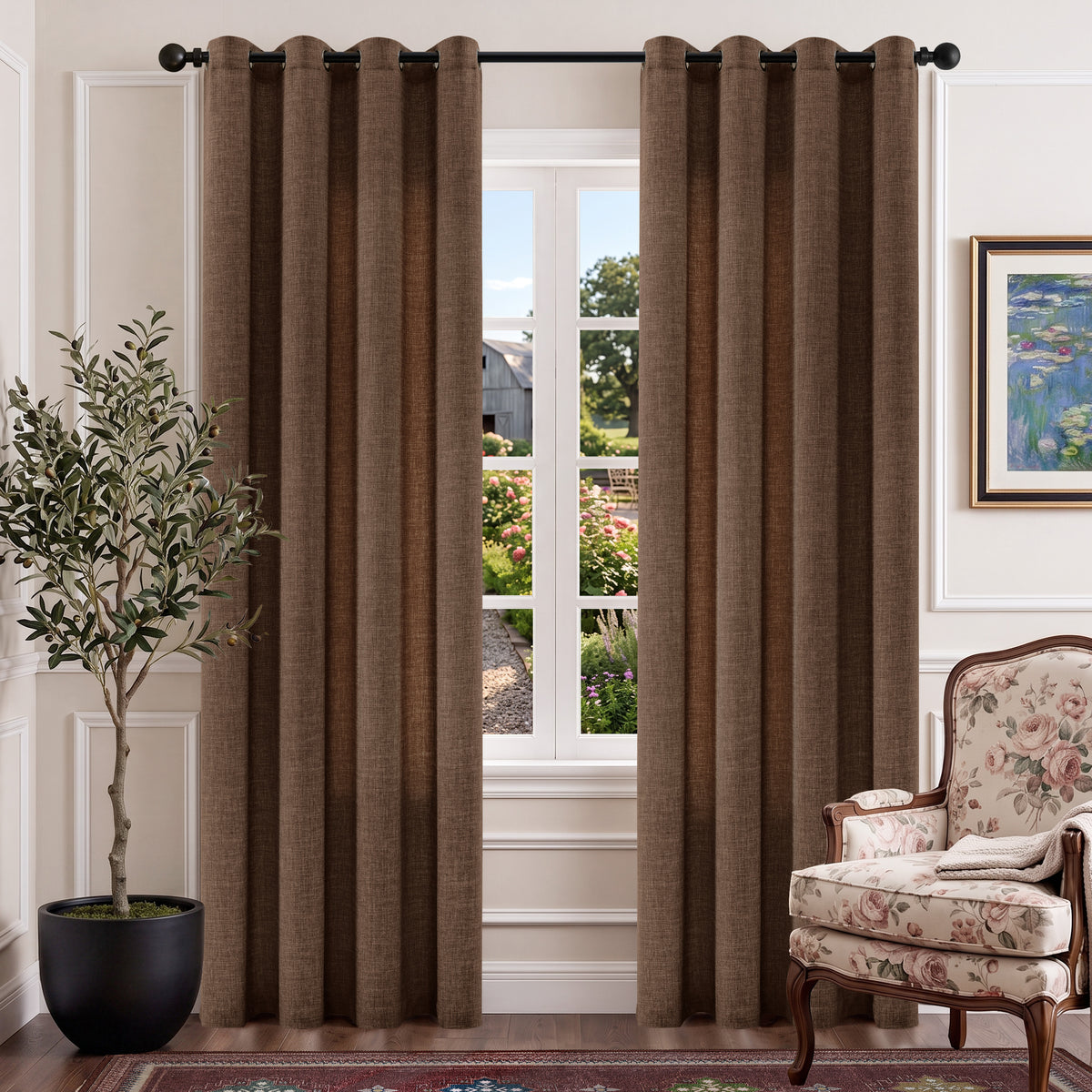 TURCURNO Light Filtering Linen Curtains for Bedroom,Soft Textured Brown Curtain with Bronze Grommet,Farmhouse Semi Sheer Drapes,Taupe,2 Panels,52"x84"