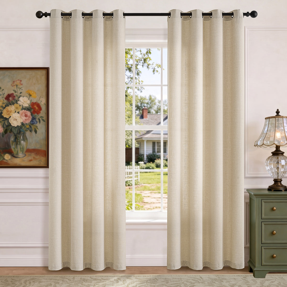 TURCURNO Soft Textured Linen Curtains,Semi Sheer Drapes with Bronze Grommet,Light Filtering Curtains for Living Room Bedroom,Natural,2 Panels,52"x84"