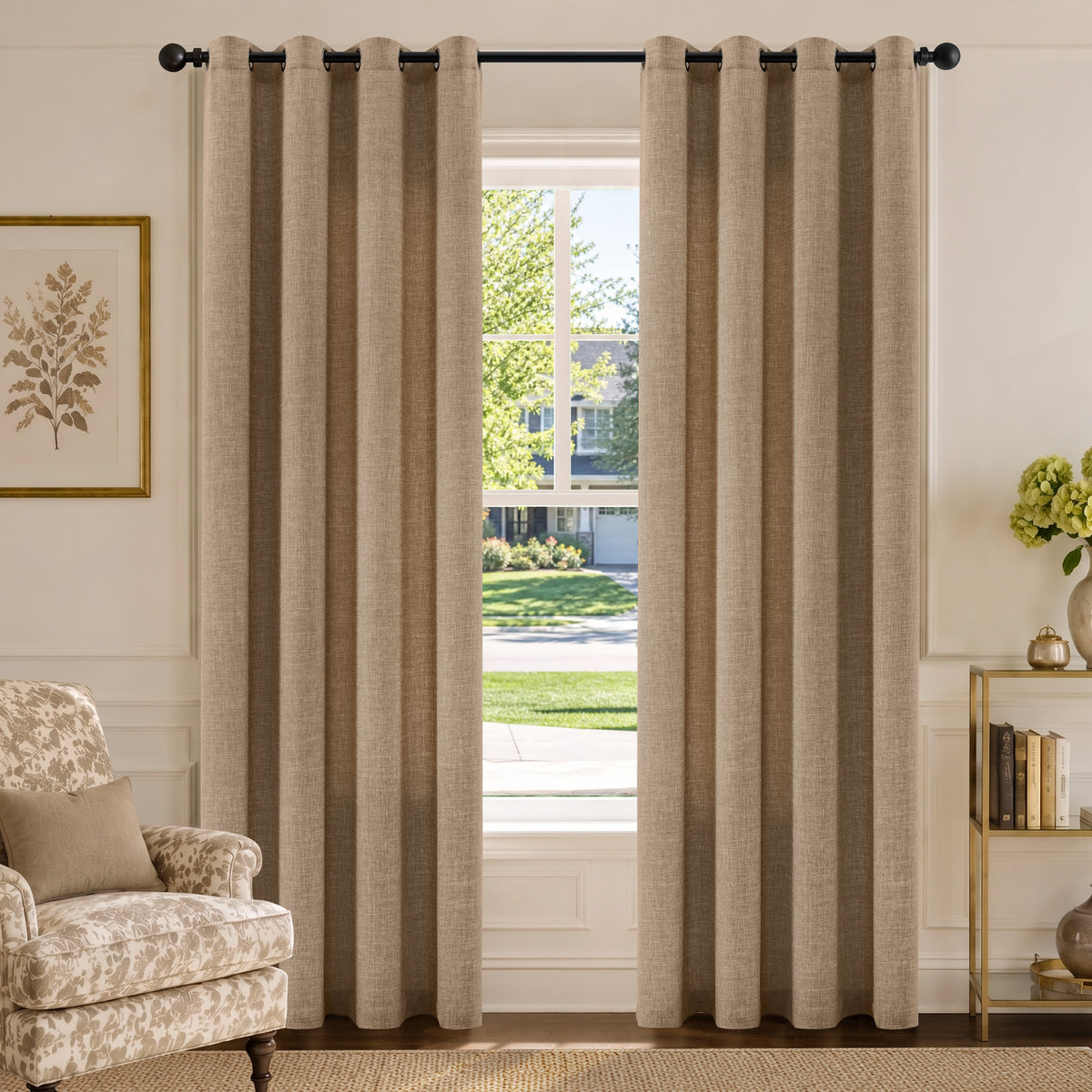 TURCURNO Light Filtering Linen Curtains for Living Room Sliding Doors,Farmhouse Boho Semi Sheer Drapes with Bronze Grommet,Linen,2 Panels,52"x84"