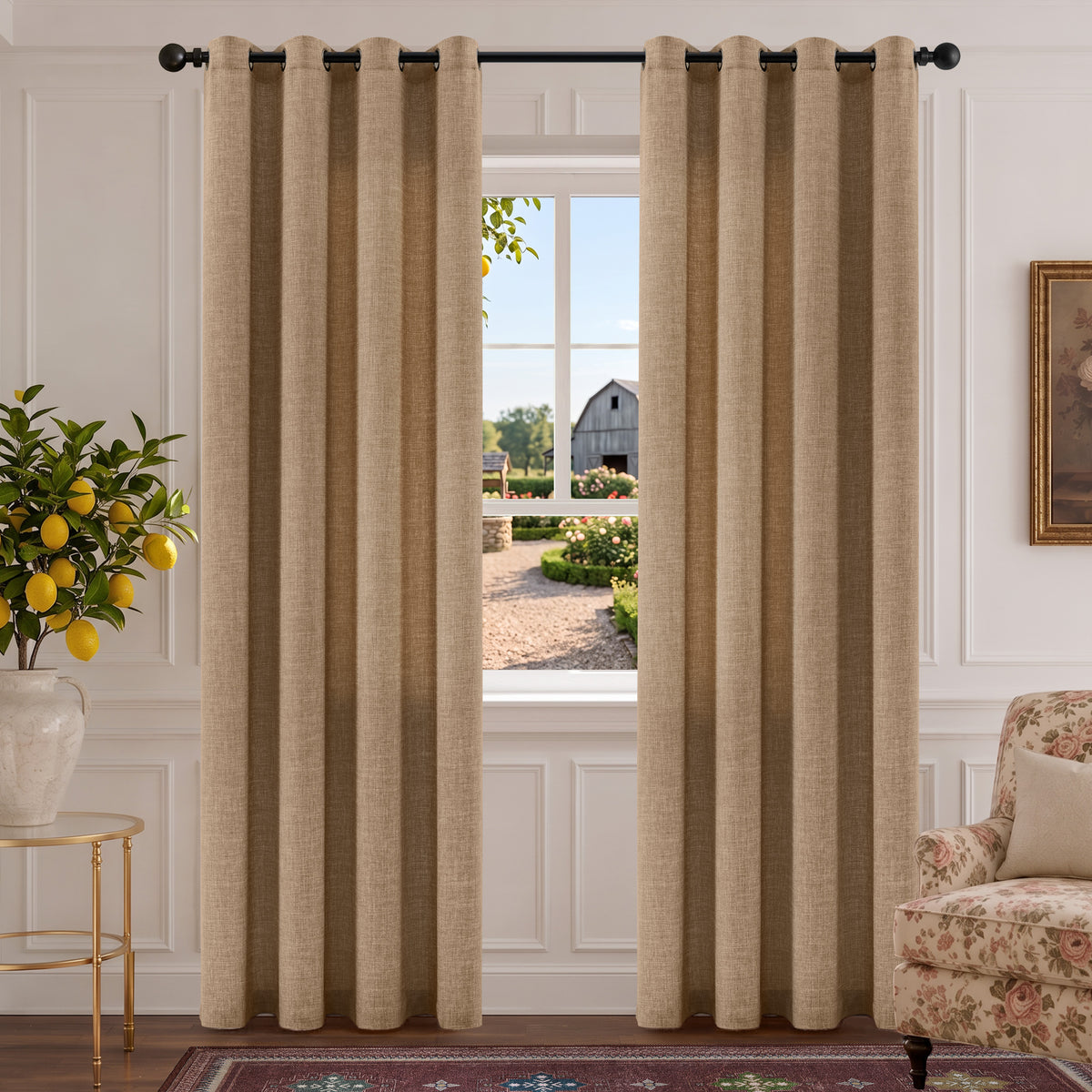 TURCURNO Semi Sheer Linen Curtains,Light Filtering Grommet Drapes,Neutral Farmhouse Dark Flax Bedroom Drapes Sliding Door Curtains,2 Panels,52"x84"