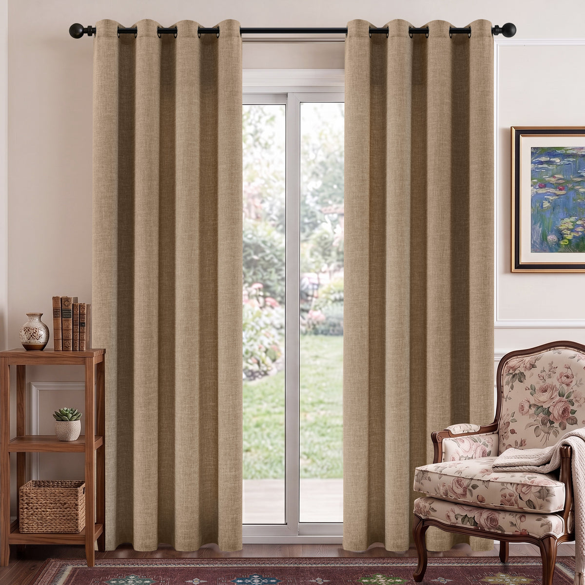 TURCURNO Light Filtering Semi Sheer Linen Curtains with Bronze Grommet,Farmhouse Boho Sliding Door Drapes for Living Room,Linen,2 Panels,52"x90"