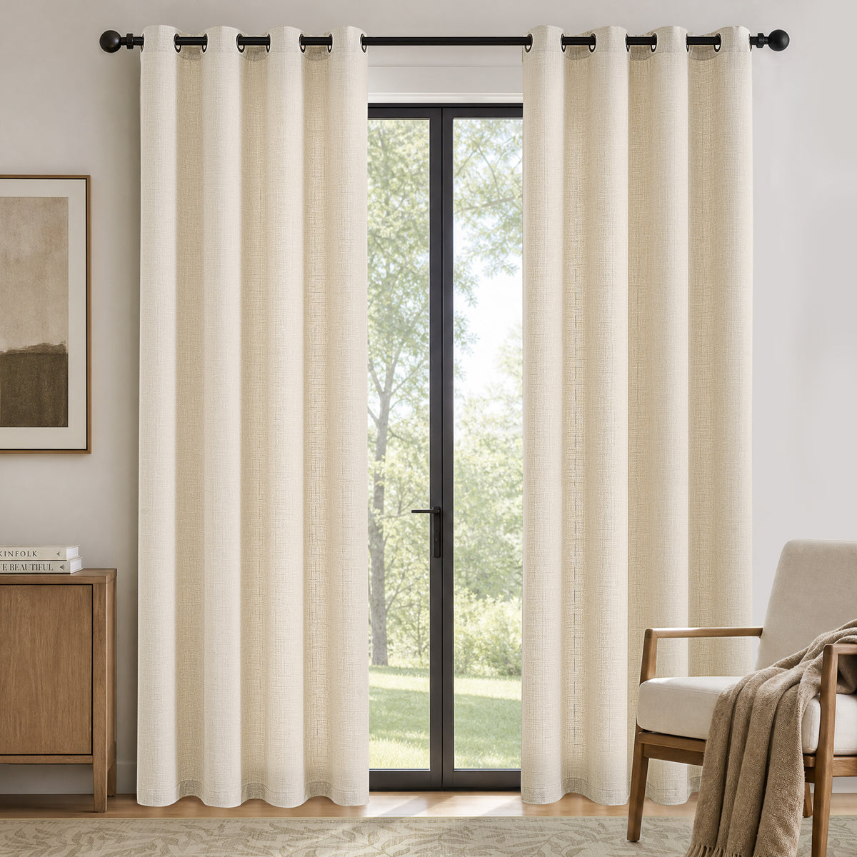 TURCURNO Flax Linen Curtains for Dining Room,108 Inch Semi Sheer Bronze Grommet Ivory Drapes,Soft Flax Textured Farmhouse Boho Curtains,Beige,2 Panels