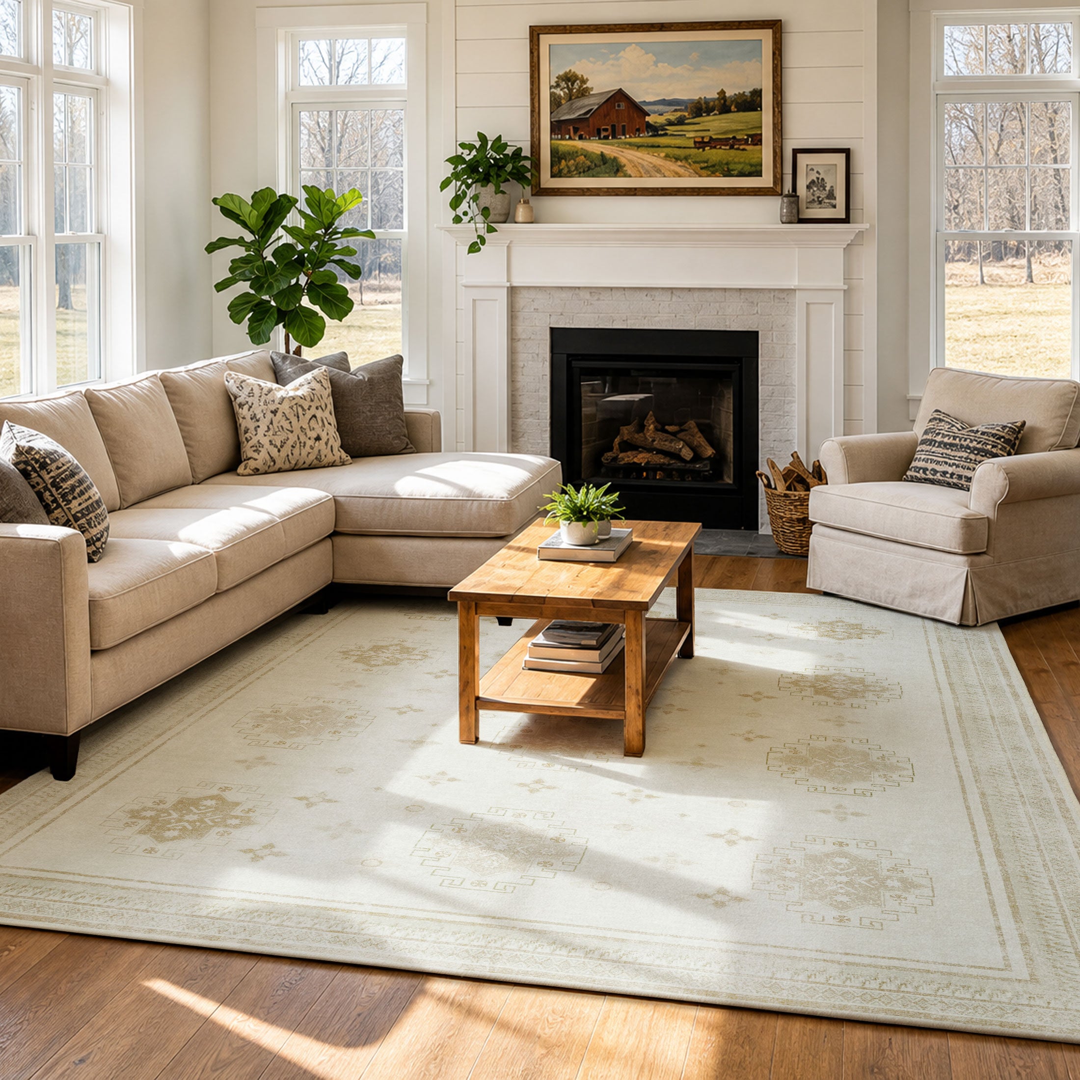 TURCURNO 5x7 Beige Farmhouse Distressed Area Rugs for Living Room, Non Slip Geometric Minimalist Carpets, Washable Stain Resistant Rugs for Bedroom Living Room Office