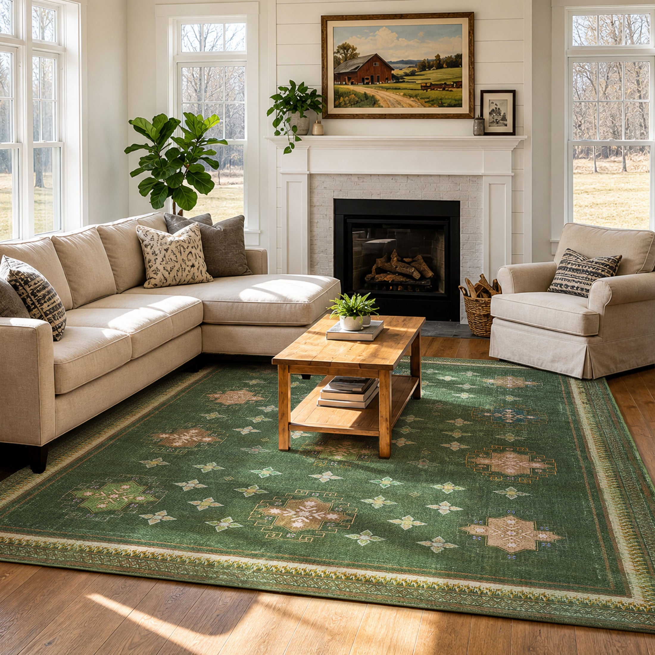 TURCURNO Persian Farmhouse 5x7 Olive Green Area Rugs for Bedroom, Retro Distressed Low Pile Non-Slip Washable Durable Indoor Carpets for Living Room Dining Room, Green