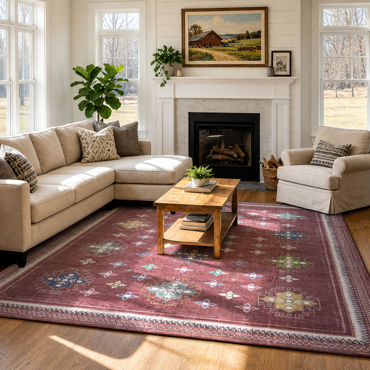 TURCURNO Machine Washable Area Rugs for Bedroom 5x7 Vintage Red, Boho Oriental Traditional Distressed Low Pile Non-Slip Indoor Rugs for Dining Room Office Living Room, Red