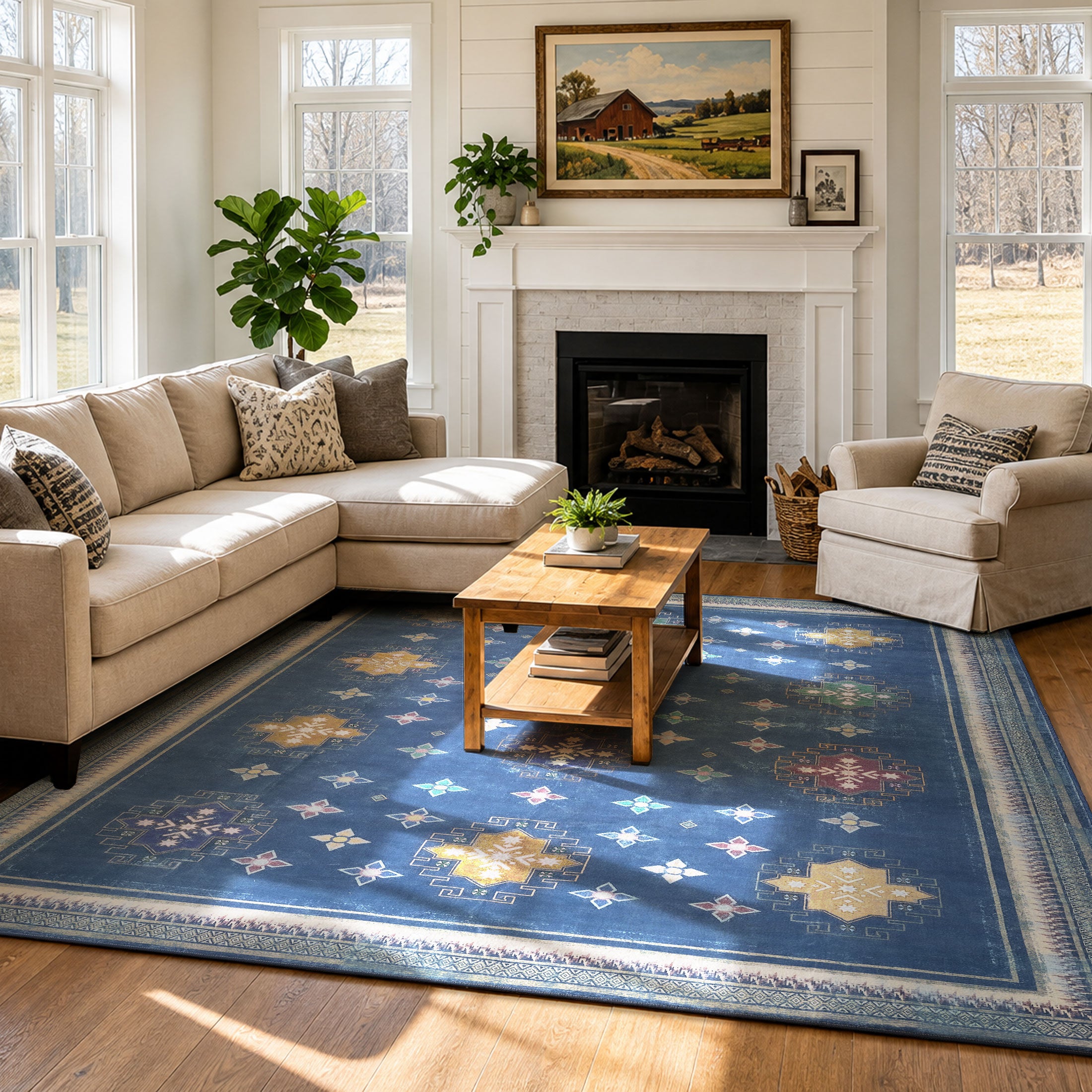 TURCURNO Farmhouse Vintage Geometric Non-Slip Machine Washable Blue 5x7 Area Rugs for Living Room Playroom Bedroom Dining Room, Midnight Blue