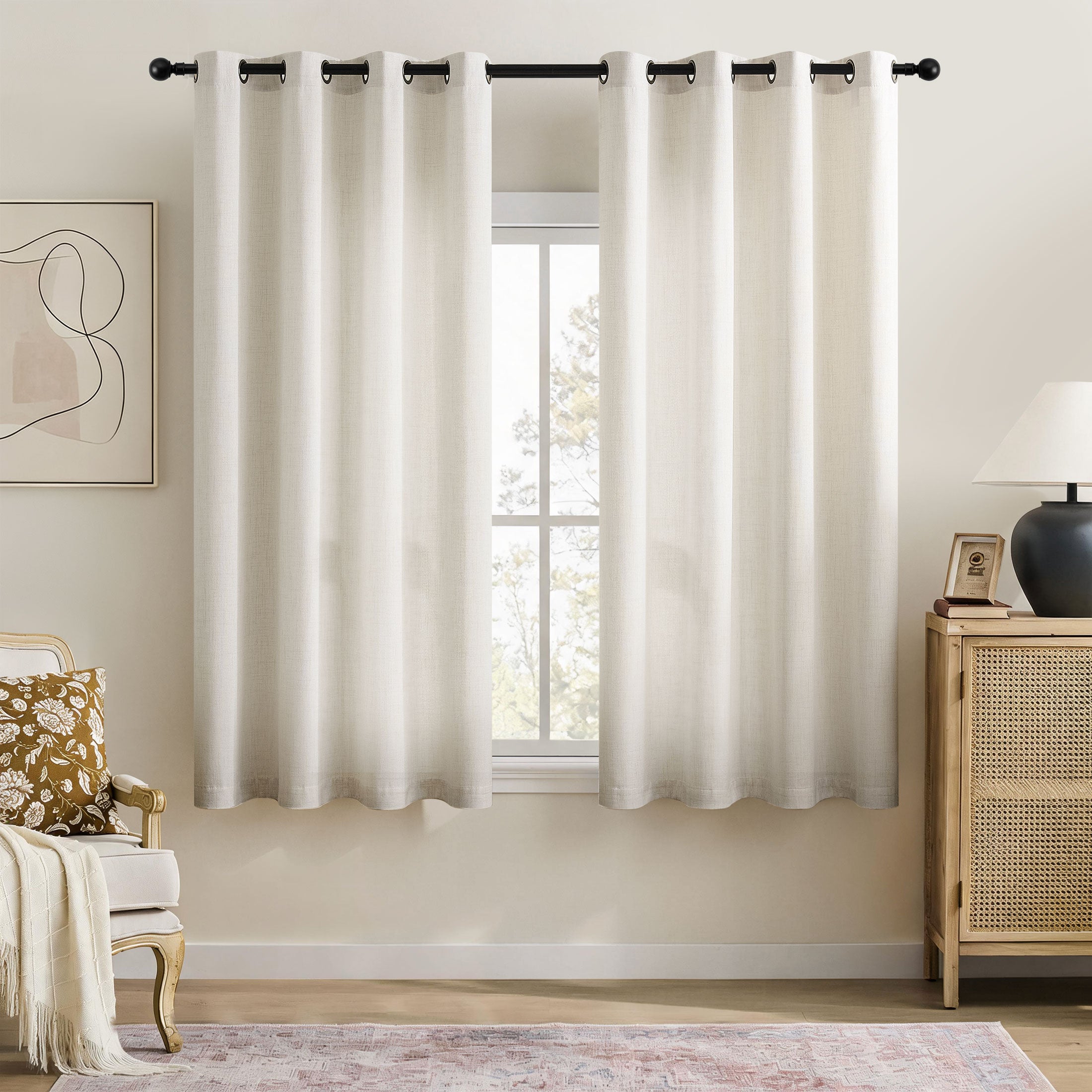 TURCURNO Light Filtering Linen Curtains for Dining Room,Soft Flax Textured Bronze Grommet Semi Sheer Boho Curtains 2 Panels,Ivory White,52"x45"
