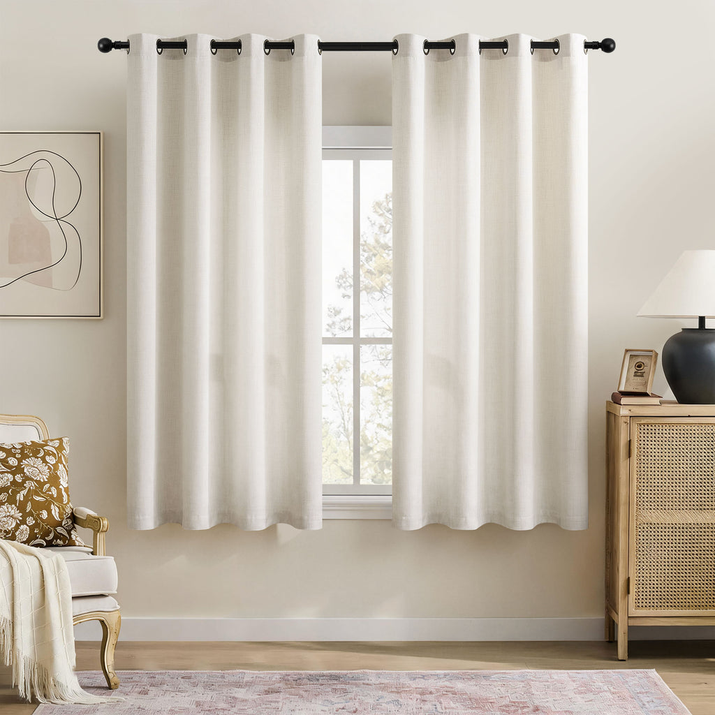 TURCURNO Light Filtering Linen Curtains for Bedroom Farmhouse,Soft Flax Textured Bronze Grommet Semi-Sheer Boho Curtains 2 Panels,Ivory White,52"x63"