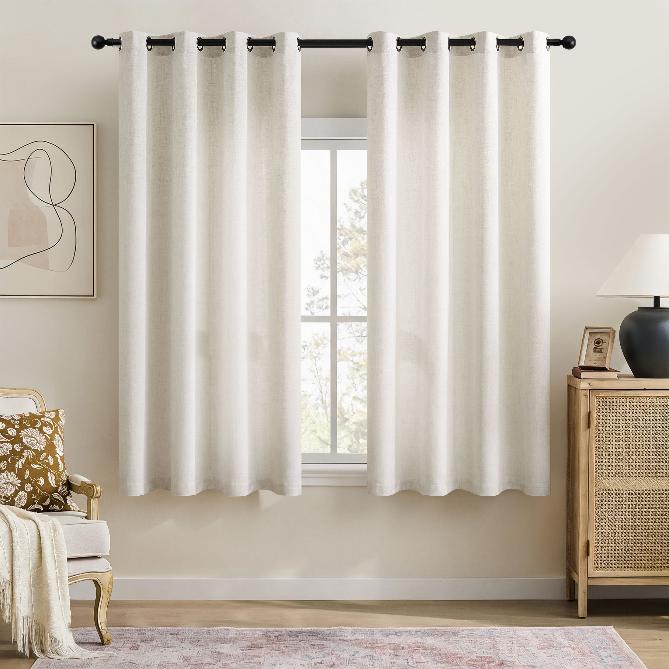 TURCURNO Light Filtering Linen Curtains for Bedroom Farmhouse,Soft Flax Textured Bronze Grommet Semi-Sheer Boho Curtains 2 Panels,Ivory White,52"x63"